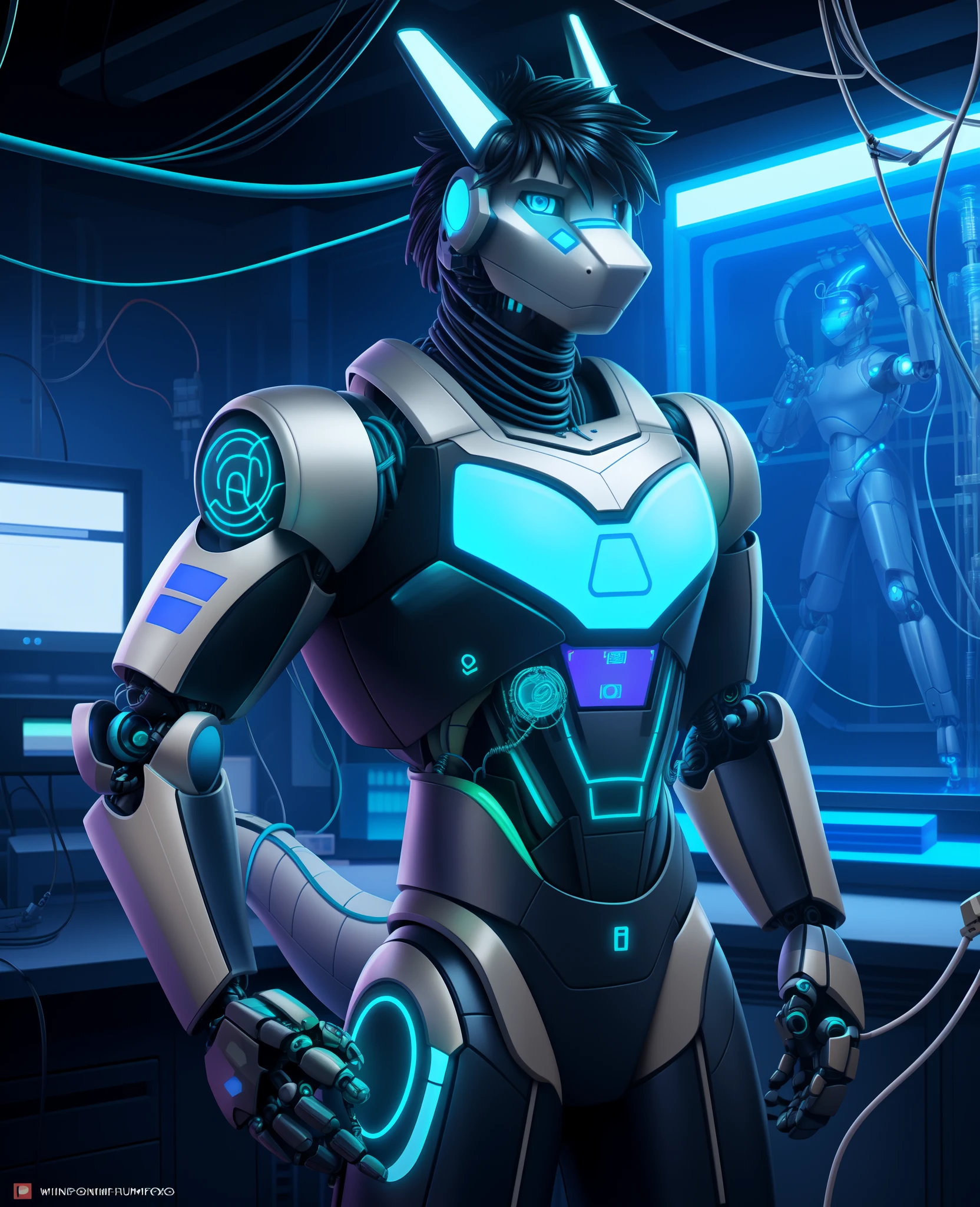 male portrait, dragon, cybernetic, metalic, shiny cybernetic, black hair, (robot:1.2), neon blue eyes, hands, (wires:1.3), wires on body, wires on head, [goo::0.4], defiance, standing in lab room, [dan mumford:antonio j. manzanedo:0.5], 3d