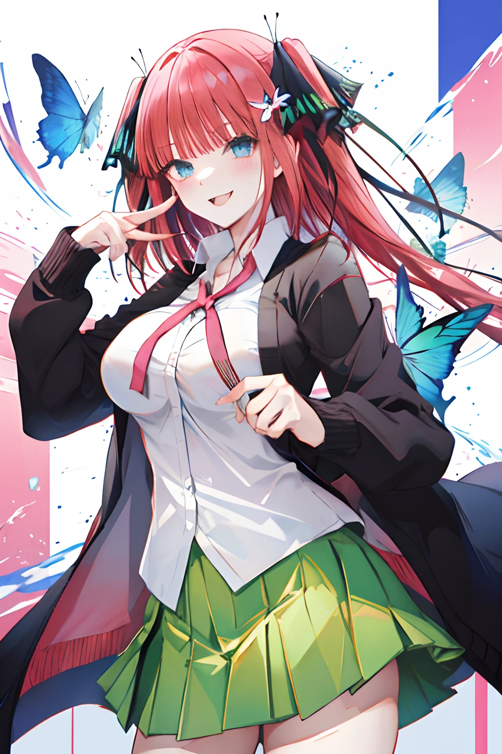 NSFW,The Bride of Fifths,Jino Nakano,a cool,Breast,Twin-tailed,Black long cardigan,open cardigan,whiteshirt,Light green skirt,floating,white thighhig, Open jacket, short pink red hair,Long black-green butterfly hair ornament with twin tails.,Tsundere,Blue eyes,Evil smile,Top image quality,Best Quality