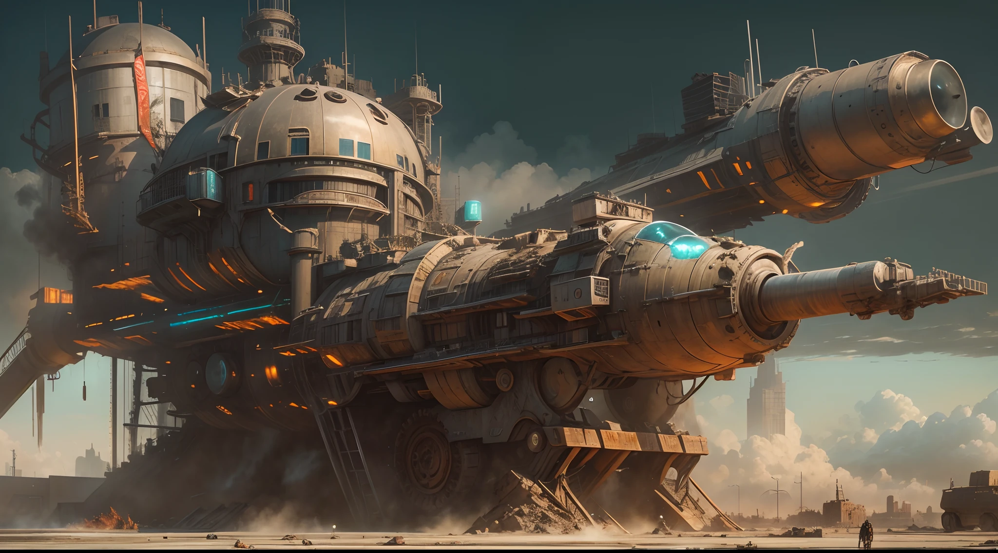 Huge moving castle，Futuristic moving castle，madmax，machine arm，gear wheel，Castle with huge track wheels，On the streets of the ruined city，Giant laser cannon，radar，Dust fumes，Faraway view，in a panoramic view，Sci-fi style drawing. Create a fantastic atmosphere. High overall image quality, With ultra-detailed features and realistic, Photorealistic rendering. vibrant with colors，Light capture