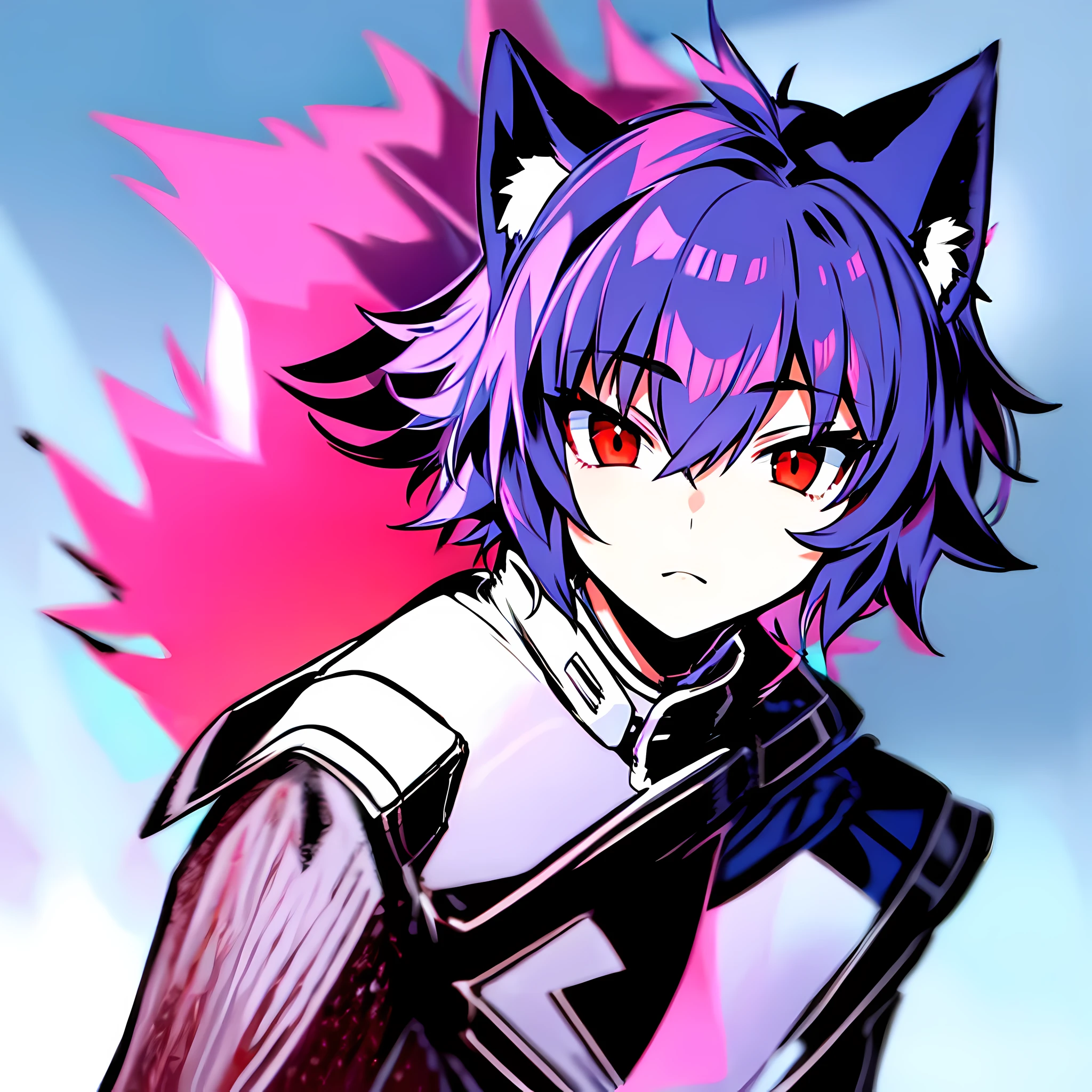 A boy with short fluffy hair and red eyes, with a wolf-like characteristics,
