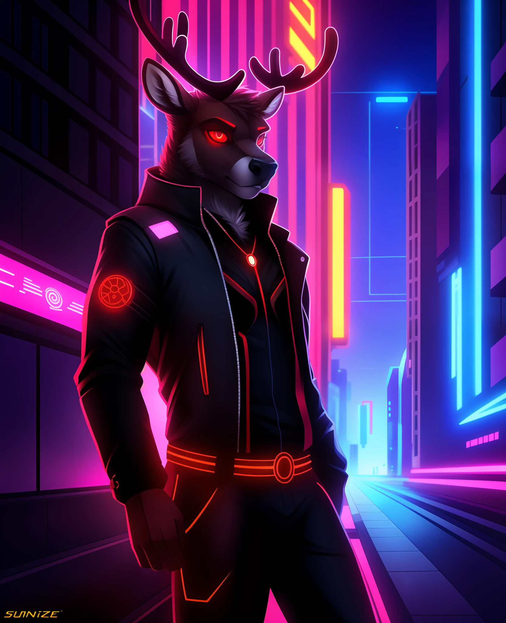 cyberpunk, portrait, male black reindeer, red neon eyes, wearing stylish [black|red] clothes standing in a city, (sunrize:1.4), road, intricate, phototealistic