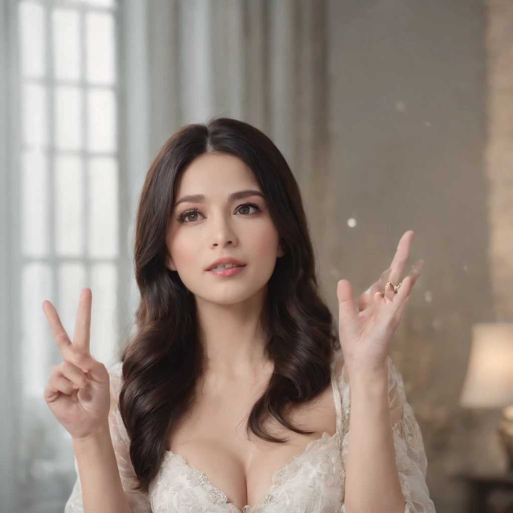 masterpiece, best quality, ring_gag, mature female, black hair, peace symbol , long hair, breasts out,