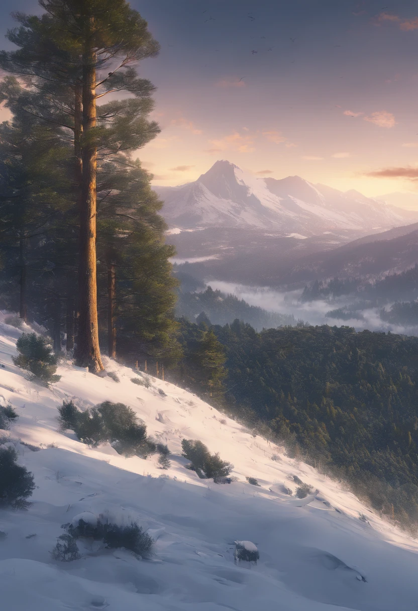 Paisagem de um vale de montanha, ((pine trees at the foot of the mountains)), ((neve no pico das montanhas)), cinemactic, 8k, circunstanciado, Realistic, octan render, (((detalhes intrincados)), HDR, ((detalhes intrincados, hiperdetalhado)), fotorrealista, ultrarrealista, sombras realistas, realistic lighting