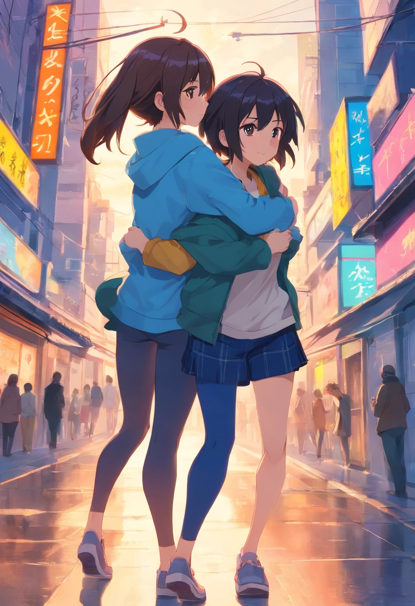 2mujeres,Hugging,5 metros de altura, piel clara, pantalones leggins ajustados, pelo color azul, grandes muslos, gran trasero, buena figura, mirando al espectador, mirada traviesa, grandes pechos