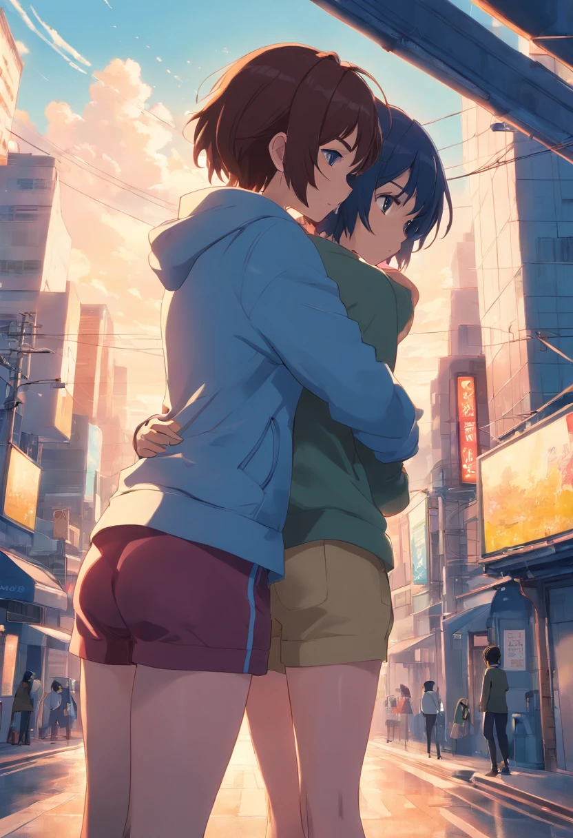 2mujeres,Hugging,5 metros de altura, piel clara, pantalones leggins ajustados, pelo color azul, grandes muslos, gran trasero, buena figura, mirando al espectador, mirada traviesa, grandes pechos