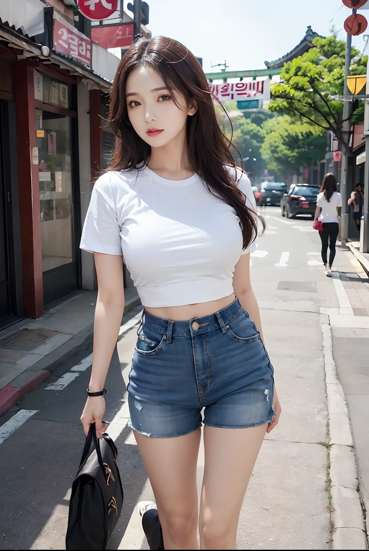 (Best Quality, 4k, high resolucion), Ultra-detailed, (Photorealistic:1.37), Vivid colors, Beautiful Korean Woman, Lifelike faces, 20-year-old female college student, tee shirt, Full-body photograph, bright look, Sunny weather, The streets of Seoul, large full breasts