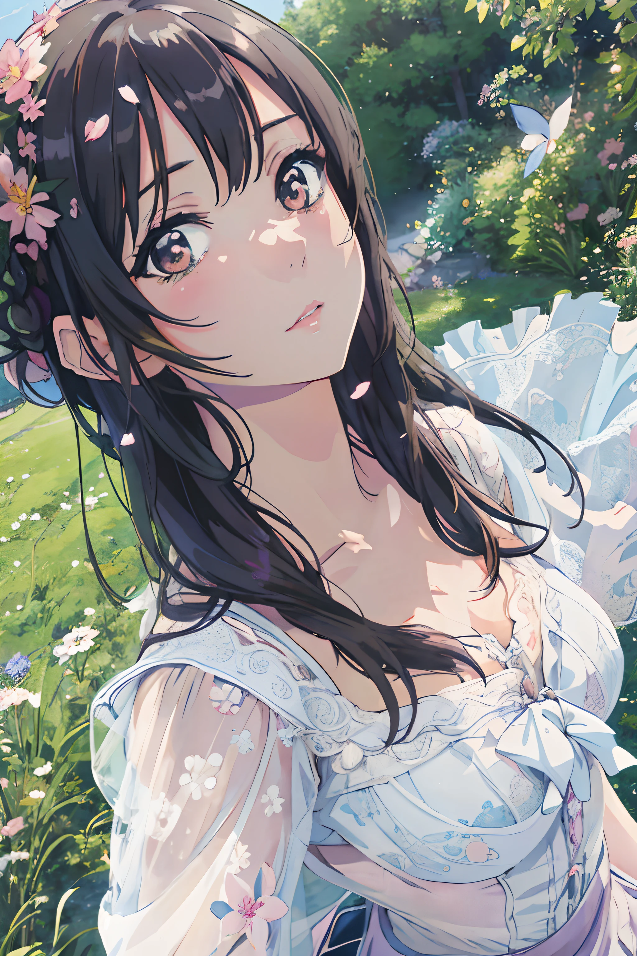 Anime girl with flowers in hair standing in the field, Beautiful Anime Portrait, Beautiful anime girl, Beautiful anime, guweiz, Anime visuals of cute girls, clean detailed anime art, pretty anime girl, Smooth Anime CG Art, artwork in the style of guweiz, Detailed Digital Anime Art, beautiful anime artwork, beautiful anime art, anime style 4 k