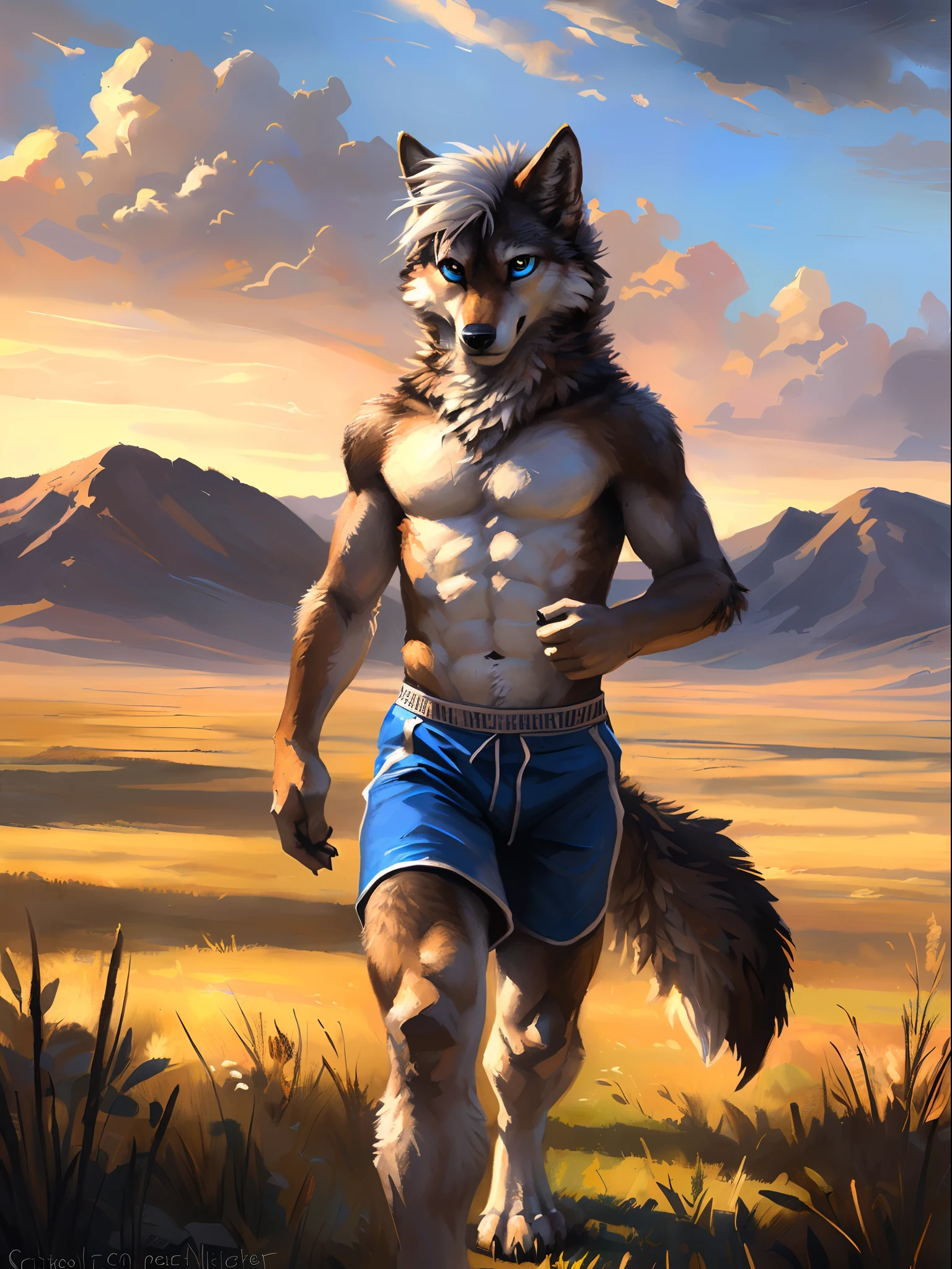 ((Solo)), male people, anthro wolf, (Multi-colored fur, White-brown:1.3), ((Wolf face, White hair, Big eyes, White eyelids, Blue pupil, Slim:1.2) (Tough, Calm expression:1.2)), Abs, Slim, pinging)), (Correct anatomy), (Work shorts:1.1), (Contour bone:1.2), The upper body is naked, (detailed outfits),A big tail,Feet,(Realistic fur, Detailed fur texture, labeled:1.3)), (Natural lighting), Photorealistic, Hyperrealistic, ultradetailed, by Kenket,Endless grasslands,No buildings,erect through,Running on