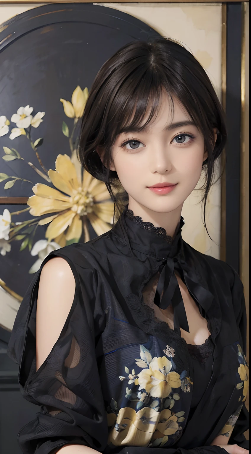 (((Black Shorthair))), (Louvre Museum), Pose Seductive, (A hyper-realistic), (Illustration), (Increased resolution), (8KUHD), (Extremely detailed), (Best Illustration), (Beautiful and detailed eyes), (Best Quality), (ultra-detailliert), (masutepiece ), ( Wallpaper), (Detailed face), Solo, (One woman dressed in blue and yellow), (Floral clothing),  (Breast bulge), Fine details, Detailed face, Deep Shadows, lowkey, pureerosfaceace_v1, Smiling,  46 point slanted bangs,  (Stand in front of an abstract painting)
