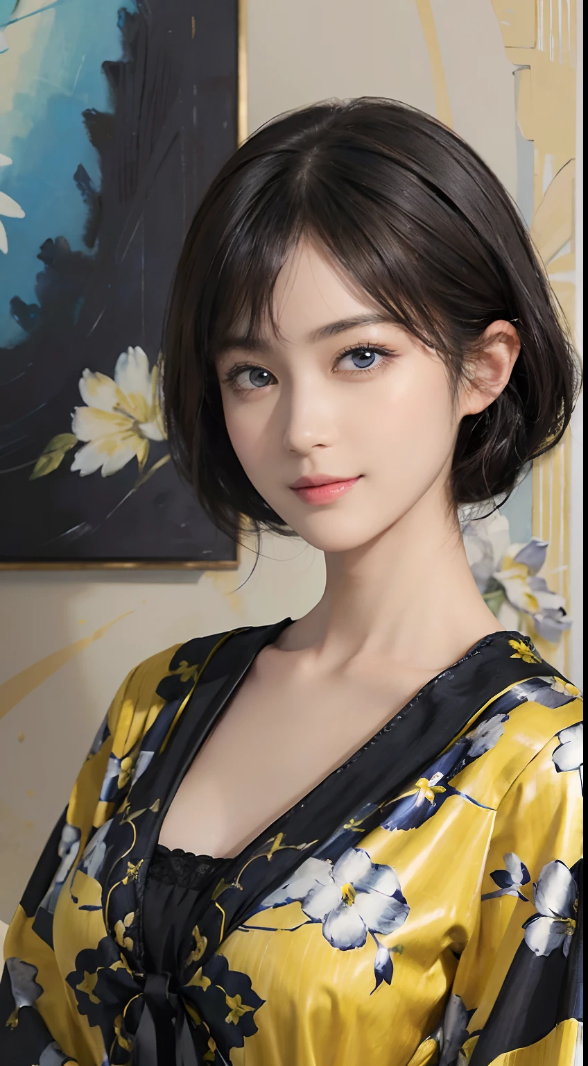 ((((Highest quality))))、(((Ultra-precision CG16K wallpaper)))、(((masterpiece)))、(((Super detailed)))、(((Extreme detail)))、((1Mature 29 year old woman:1.6))、((Very beautiful Japan face of a person))、((Urizane Face:1.8))、((Short bob straight hair:1.6))、(Shiny Hair)、A delicately drawn beautiful face、(Dark Eyes、Detailed pupil and iris、Reflected light from the eye)、double eyelid、High nose、Small nostrils、Small Mouth、Seductive lips、Beautiful breasts、((B cup size breasts))、Cleavage、eight-headed body、Perfect proportions、Perfect Anatomy、Perfect composition、Beautiful detailed shading、Beautiful, natural lighting、Beautiful detail glow、Depth of written boundary、(((High chroma)))、(((Real:1.9)))、((vivid:1.5))、((Beautiful Skin))、((Skin Texture))、((Realな皮膚感))、(((Bust Shot:1.6)))、(((front view、shoot from front、front low angle:1.6)))、(((smile:1.6)))、(((looking at camera:1.6)))、Bright daylight、Natural light、(((background_room、vase:1.4)))、(Standing pose:1.6)、(((Floral gauze pajama top:1.6)))、((necklace、Wearing earrings:1.5))、(((SNS distribution screen:1.8)))、