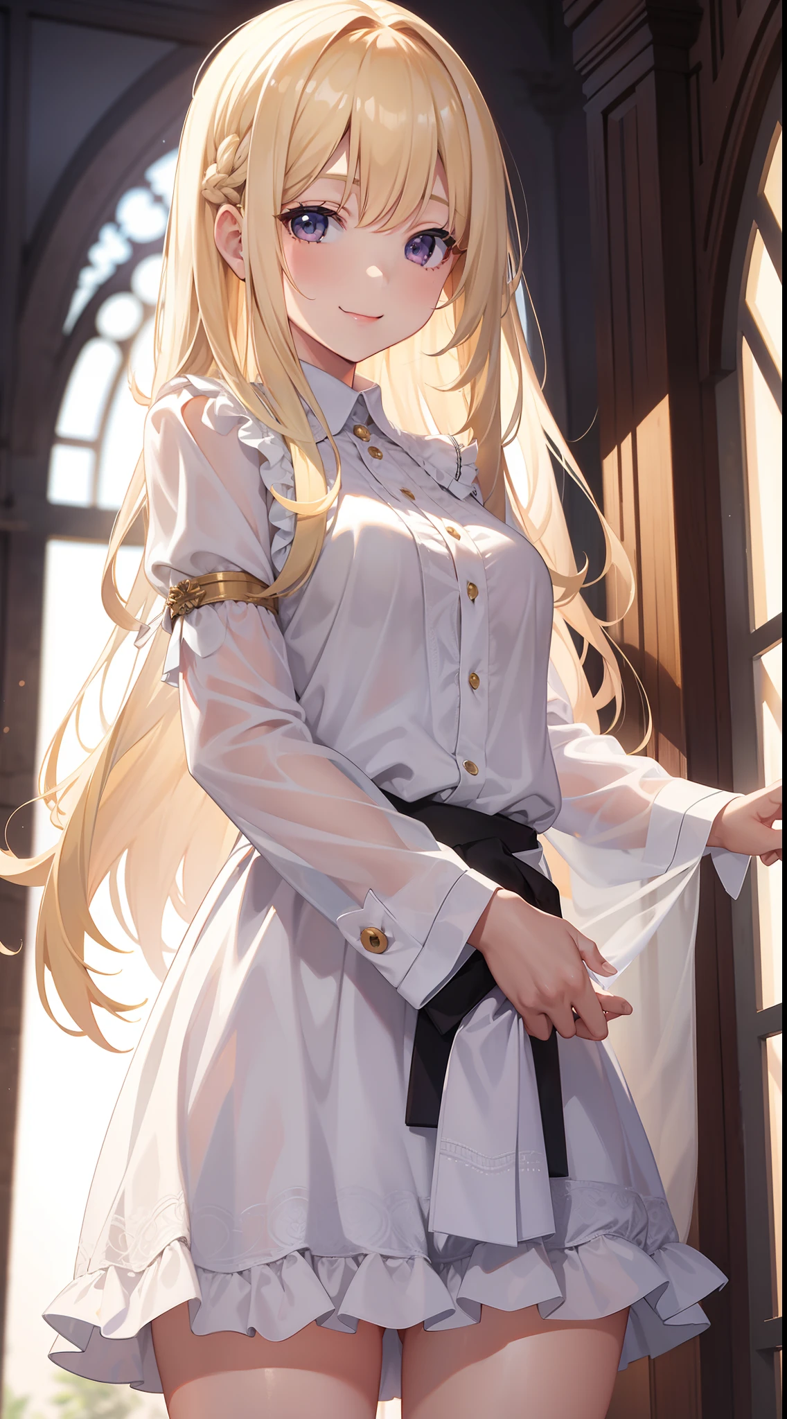 young girl, longue blonde hair, white eyes, Smile, translucent blouse, Upskirt, ssmile, Masterpiece, hiquality, 4k, HD, Good detail