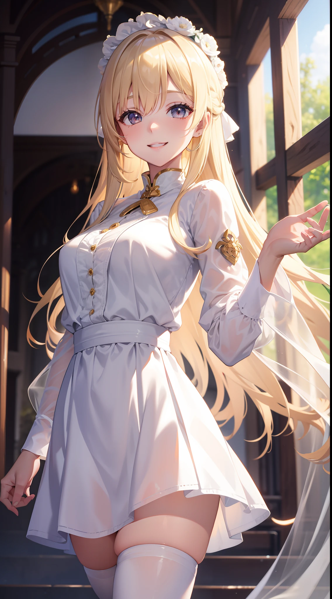 young girl, longue blonde hair, white eyes, Smile, translucent blouse, Upskirt, ssmile, Masterpiece, hiquality, 4k, HD, Good detail
