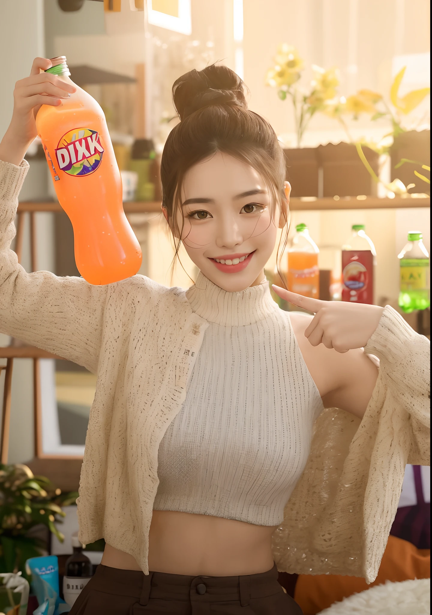 Smile woman sitting on the ground holding a bag of snacks and drinks, max details, maxis, promotional movie still, maxar, max hay, promo still, max accurate, inspired by Max Buri, shot for imax, movie promotional image, promotional still, cinematic flavor, movie still promotion, max quality, pokimane, 😭 🤮 💕 🎀