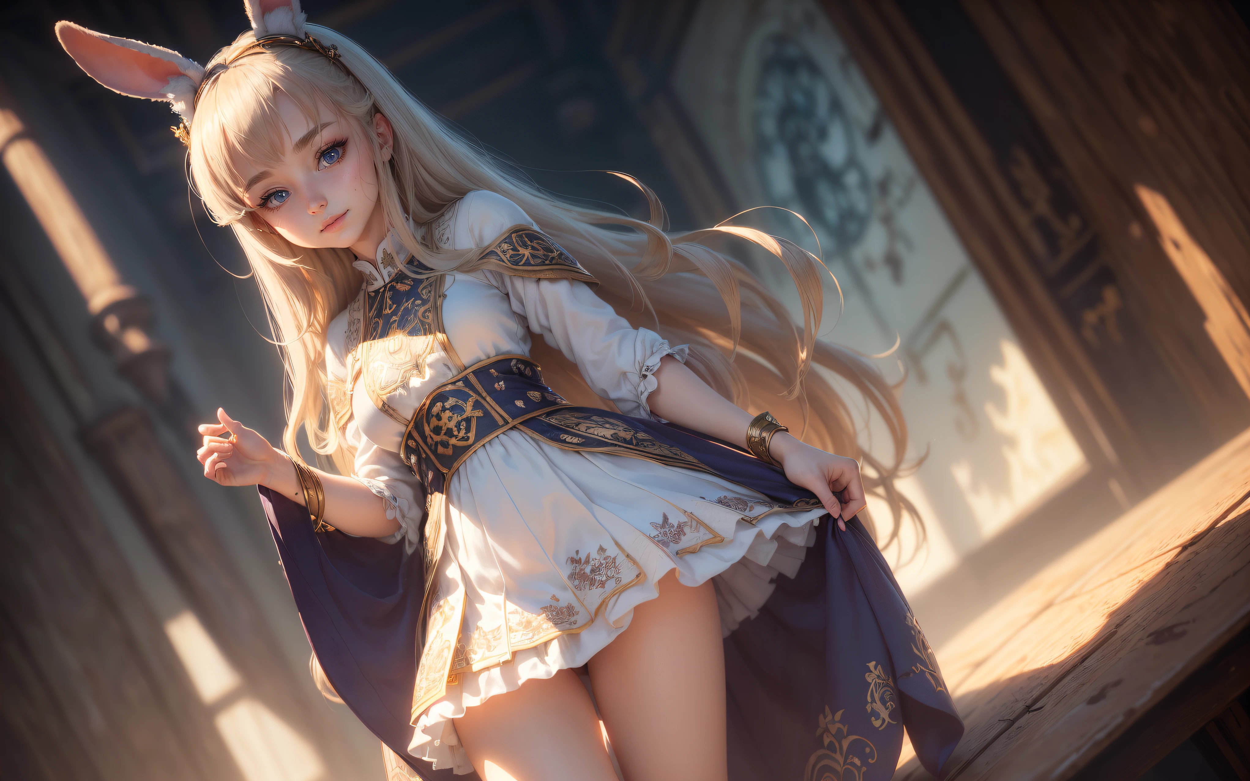 ((Best picture quality, 8K, masterpiece: 1.3)), ((Cute girl Face, Both Eyes same)), ((One Girl, Bunny Girl, Bunny Ears, 17 year old, Slightly Skinny, Long Hairs, Two legs)), ((Hide Fingers)), ((Cover Upper Part of Leg, Cover Thigh)), ((Perfect Face, Perfect Eyes, Bangs, Slim Cheeks, Perfect Lips)), ((Highly detailed face, Smile, standing on your feet:1.2)), ((Highly detailed facial and skin texture)), (Full traditional clothes, wearing full clothes), (cute), (anime girl in a dress, magic, full dress, Long skirt, artwork, fantasy art style, art, closeup fantasy, Power Full, CGI anime fantasy artwork, art)