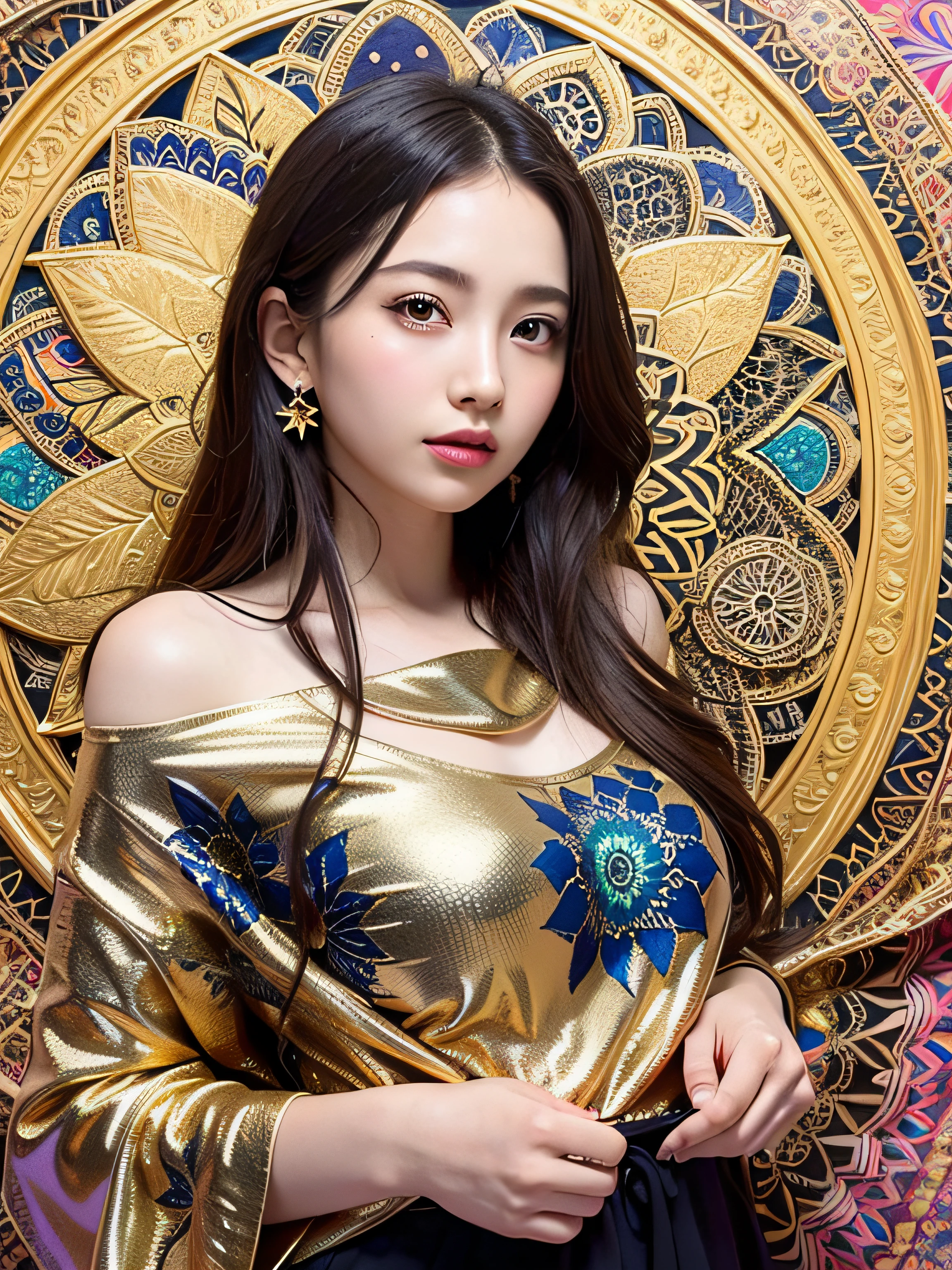 PerfectNwsjMajic,(masutepiece, of the highest quality, Best Quality, Official art, Beautiful and aesthetic:1.2), (1girl in), ighly detailed,Colorful,highest details, Official art, Unity 8k壁纸, ultra-detailliert, Beautiful and aesthetic, Beautiful, masutepiece, Best Quality, (Zentangle, mandalas, Tangle, Entangle) ,Holy Light,gold foil,Gold leaf art,glitter drawing,