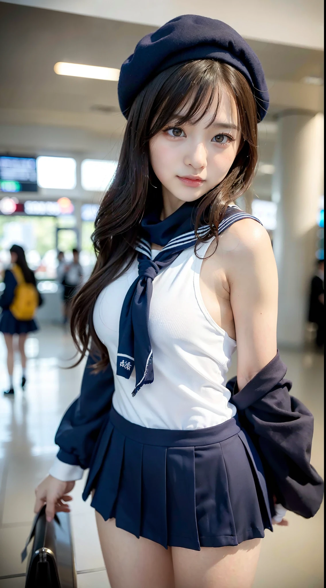 mix4, (16 K, Raw photography, Top image quality, ​masterpiece: 1.45), (realisitic, Photorealsitic: 1.37), one girls, 7．5, etc、No skin exposure due to clothing、Well groomed、Random hairstyle、Standing figure，Morning time slot、a very cute,, profetional lighting, photon maping、physically-based renderingt, Gradient dark brown hair,Crisp backgrounds and high resolution, a handsome, Well-groomed and beautiful eyes、Large double eyelids、Very shiny、girl with, (((student clothes、Long sleeve sailor suit worn by Japan girl、Navy blue sailor color、scarf、a miniskirt, Small beret、high socks、lowfers))), Top Quality Photos, hight resolution, 1080p, (clearface), (Detailed face description), (Detailed hand description), (​masterpiece), (Exquisite CG)、extreme light and shadows、dishevled hair、master work、abundant detail、(Fine facial features)、(top quality photo)、(masuter piece)、(A detailed eye)、Look in front of you、Fine clavicle、((Slender big))、(((Japan schoolgirl in sailor suit)))、((Beautiful face like an idol))、((Airport lobby、Before check-in、Airplane seen from the window))、(((neat and cute)))、耳Nipple Ring、A big smile、Drawing the whole body from the knees、Do not draw nasolabial folds、(((Cute sailor suit)))、(Big breasts that hang down big:1.2)、Big buttocks with tension、Two arms and two legs、(((from the front side:0.3)))、bare hand、No mask、