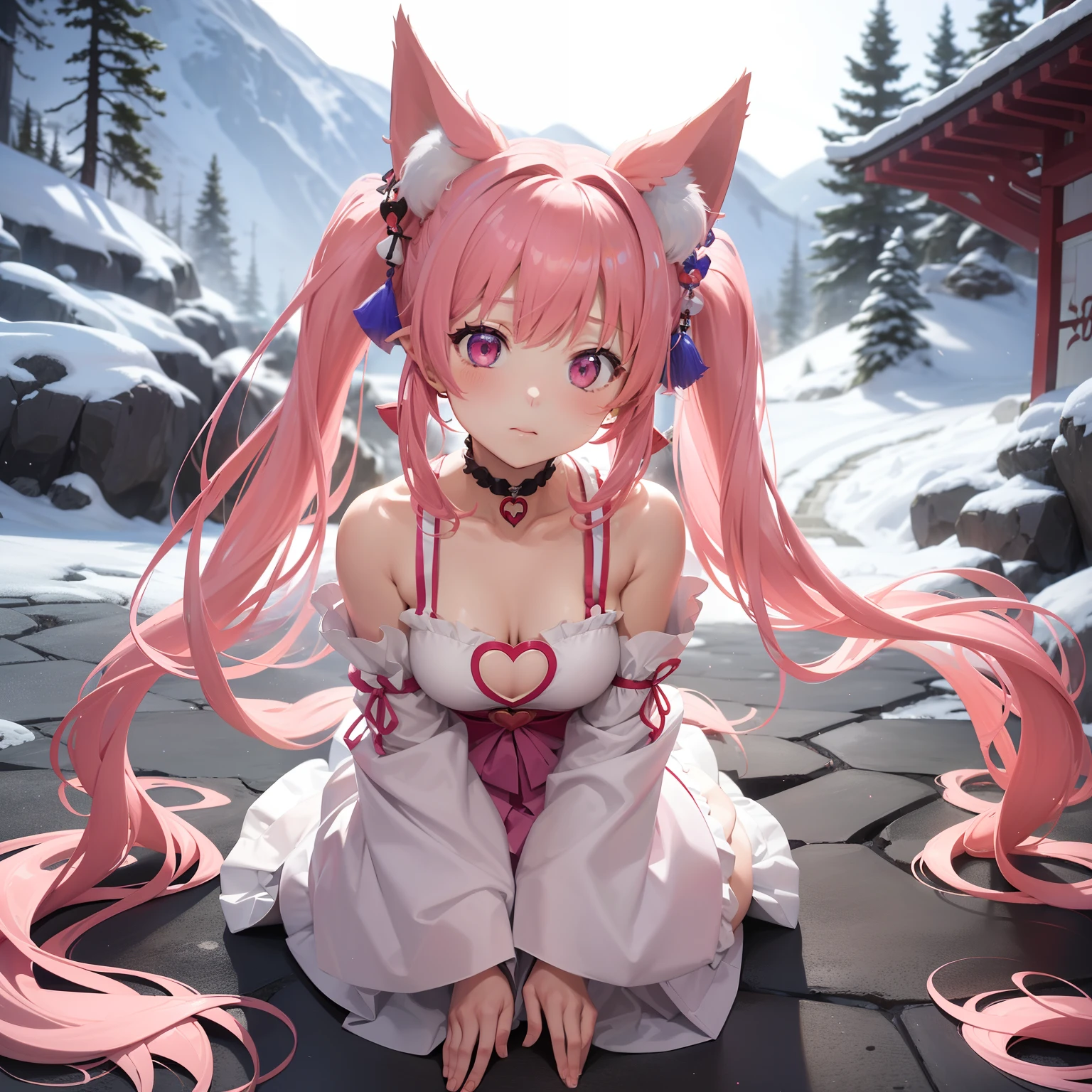 full body Esbian, masutepiece: 1.2, Highest Quality), (Live-action, elaborate details), (shrine maiden、 Solo, Upper body,)shrine maiden、Fox-eared woman、 long hair with pink twin tails,,,,,,,,,,,,,,,,,,,,,、Avant-garde, Experimental appearance: Long pink twin tail hair 、Heart-shaped choker、The location: Quiet Mountains々々々、Solo、gazing at viewer