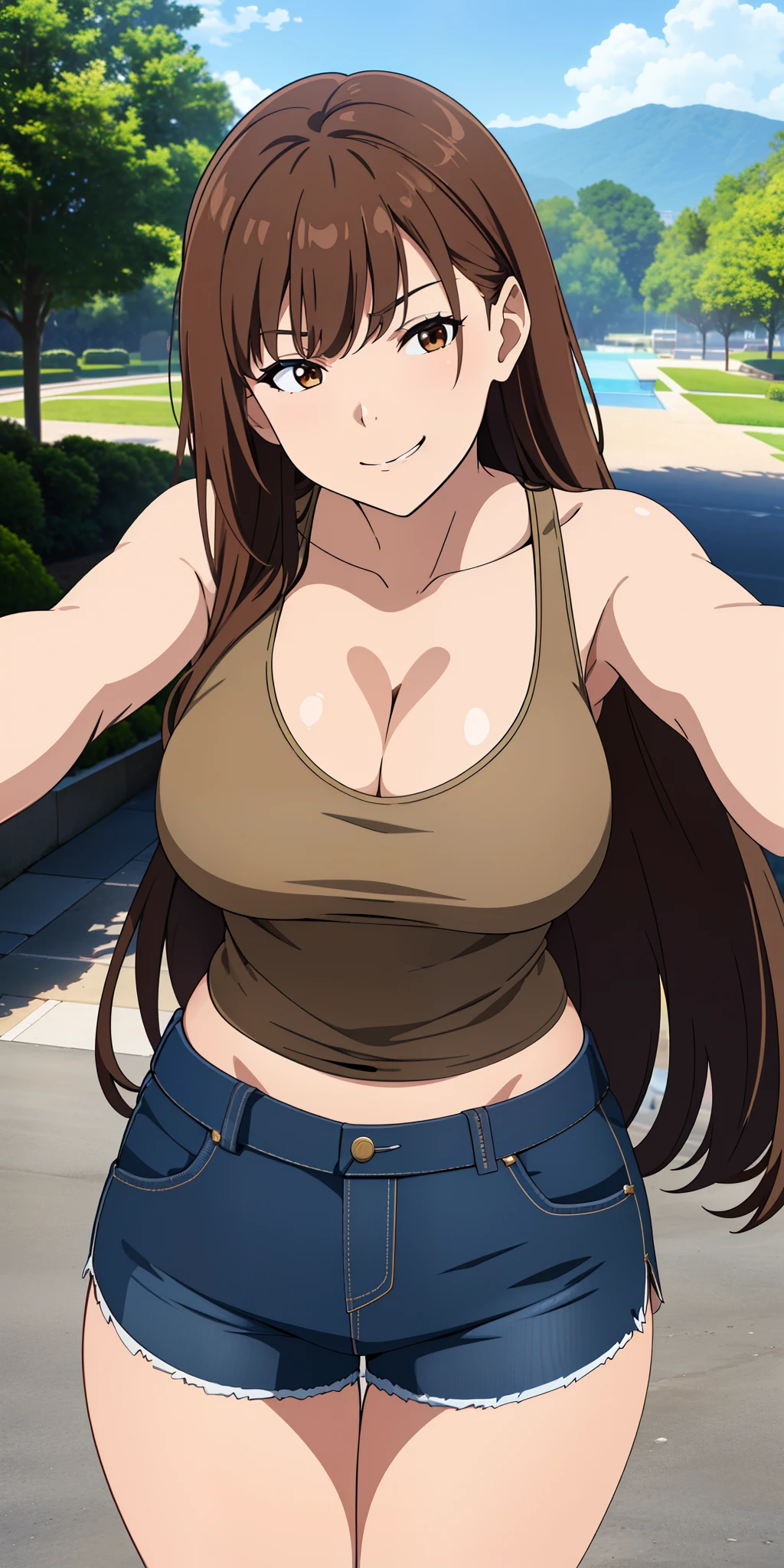 (close shot, best quality:1.5, highres, UHD, 4K, detailed lighting, shaders), brown straight hair, right bangs, large breasts, tank top, cleavage, shorts, (pov), standing, smirk, park background