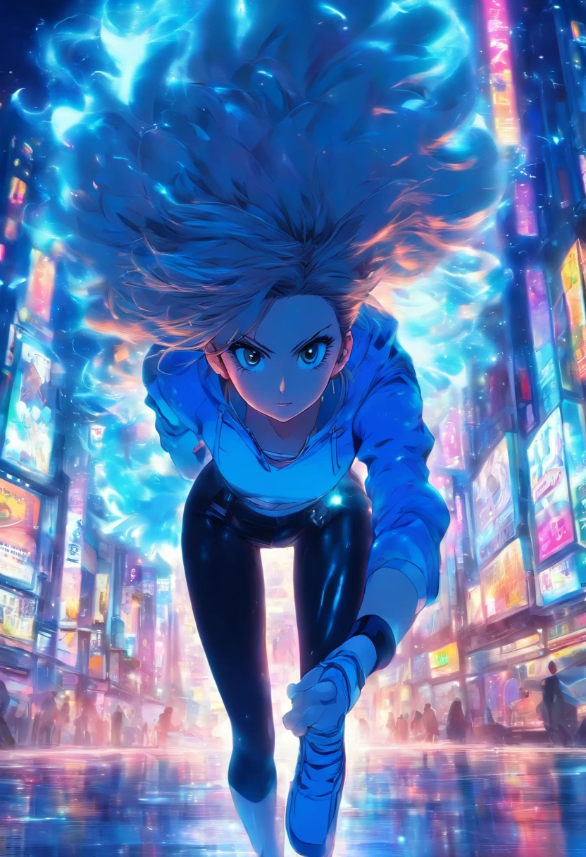 1mujer,mostrando el trasero,5 metros de altura, piel clara, pantalones leggins ajustados, pelo color azul, grandes muslos, gran trasero, buena figura, mirando al espectador, mirada traviesa, grandes pechos