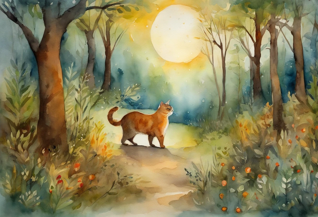 masterpiece, best quality, a fat cat with middle aged man in forest, moon, morning