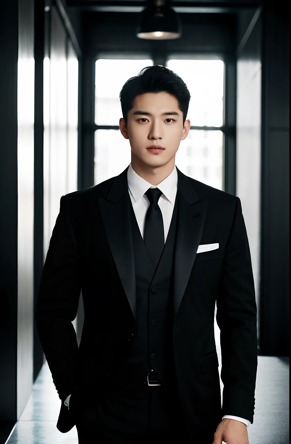 1man, a 25-year-old muscular man, wears a black suit, formal suit and black tie soft lighting, masterpiece, best quality, 8k ultra high definition, Midjourney realisti, full body