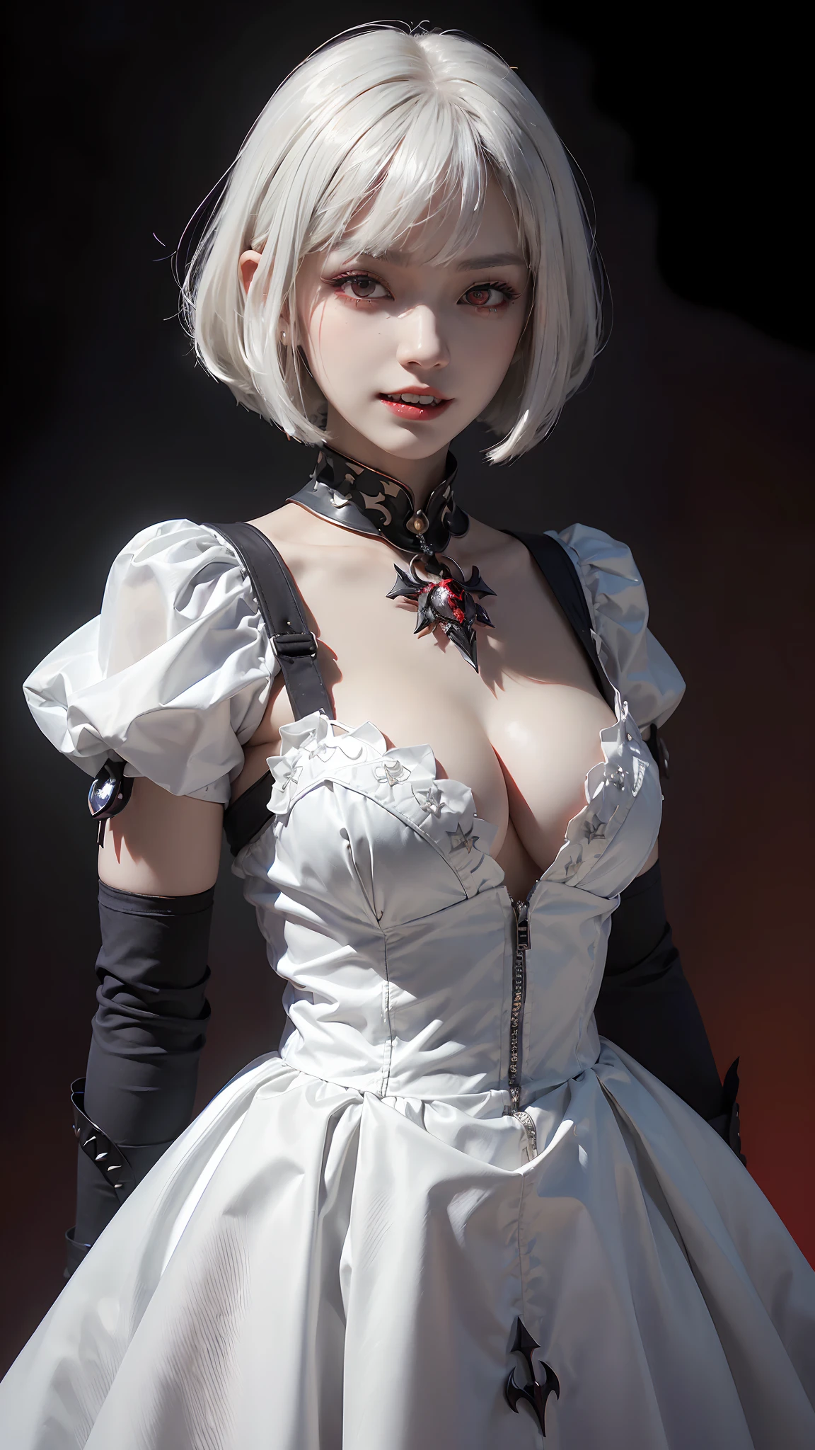 (((masterpiece))), (((best quality))), ((expressive red eyes)), ((perfect korean girl face)), ((portrait)) ((cowboy shot)), ((gothic white dress)), ((vampire queen, pale skin)), ((white bob cut hair)), ((death stare to viewer)), looking forward, ((menacing, evil smile, sharp teeth, death)), ((dark night with mystic aura background)).