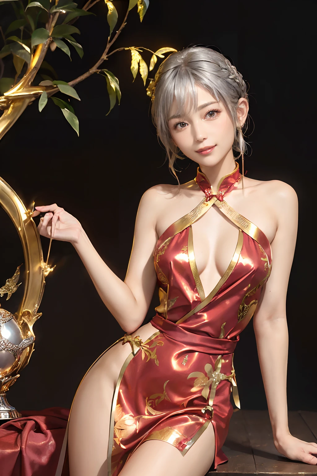 ((top-quality、8K、masterpiece:1.3)), (a pixie cut,Silver hair:1.5), (Cute pattern of gold leaf, Delicate workmanship, hair adornments, Red shiny cloth:1.4, qipao dress:1.5), Clear, Fine-grained skin、Beautiful clear eyes、cleavage of the breast、Carefree and natural smile、(Hair disheveled in the wind:1.3)、、Beautiful girl with a smile、(thin-waist:1.3)、(Dynamic and provocative poses:1.2)、