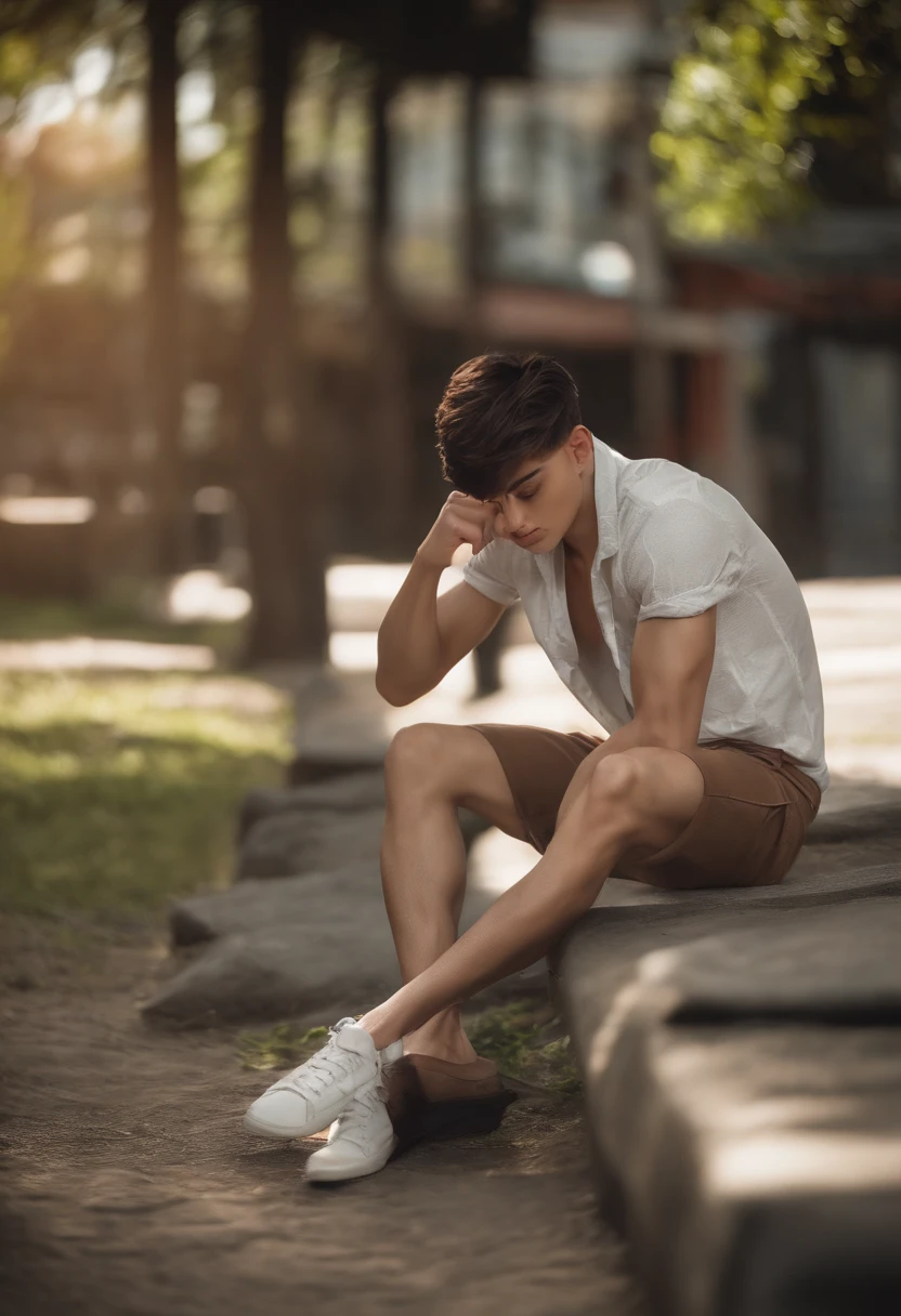 crie uma arte em estilo anime de um garoto de 17 anos, cabelos curtos e com undercut dos lados... Ele deve ser altamente detalhado, tendo um corpo levemente definido... ele tem que estar sem camisa, He will be sitting with his legs crossed and showing his feet, The feet should be well detailed with veins. altamente detalhado, full hd, ultra realista.