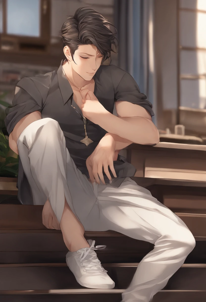 crie uma arte em estilo anime de um garoto de 17 anos, cabelos curtos e com undercut dos lados... Ele deve ser altamente detalhado, tendo um corpo levemente definido... ele tem que estar sem camisa, He will be sitting with his legs crossed and showing his feet, The feet should be well detailed with veins. altamente detalhado, full hd, ultra realista.