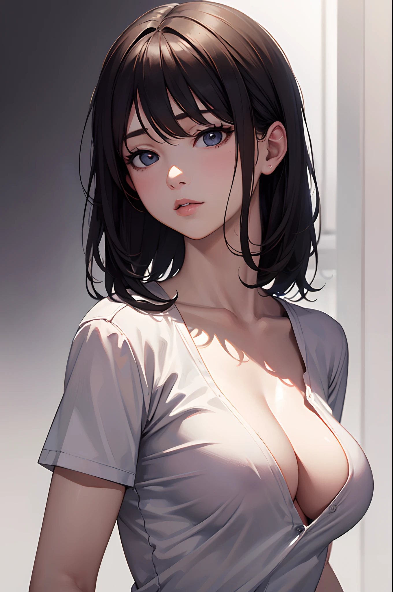 (((Masterpiece))), (portrait), Ayaka, diffused light, dynamic shadows, sharp focus, realistic, detailed, highres, absurdres, white background, (boobsqueeze), looking to the side, v arms, t-shirt, no bra, photorealistic, lifelike