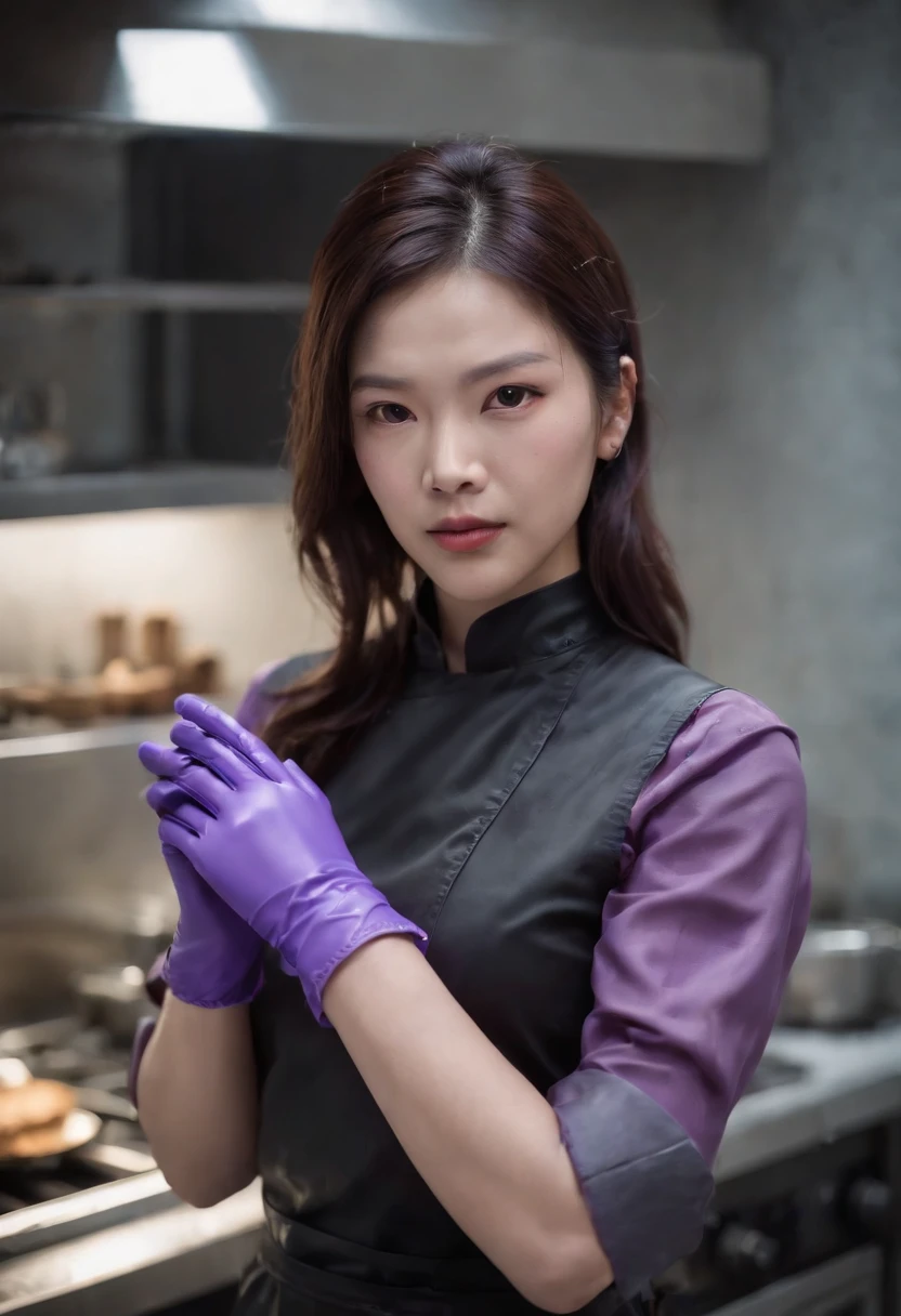 Meilin from Advanced Metal Gear Research Institute. Highly realistic. rubber glove、Purple rubber gloves、Purple cooking gloves、Long gloves、Glossy gloves、Glossy apron、Wear a mask、Rubber Mask、