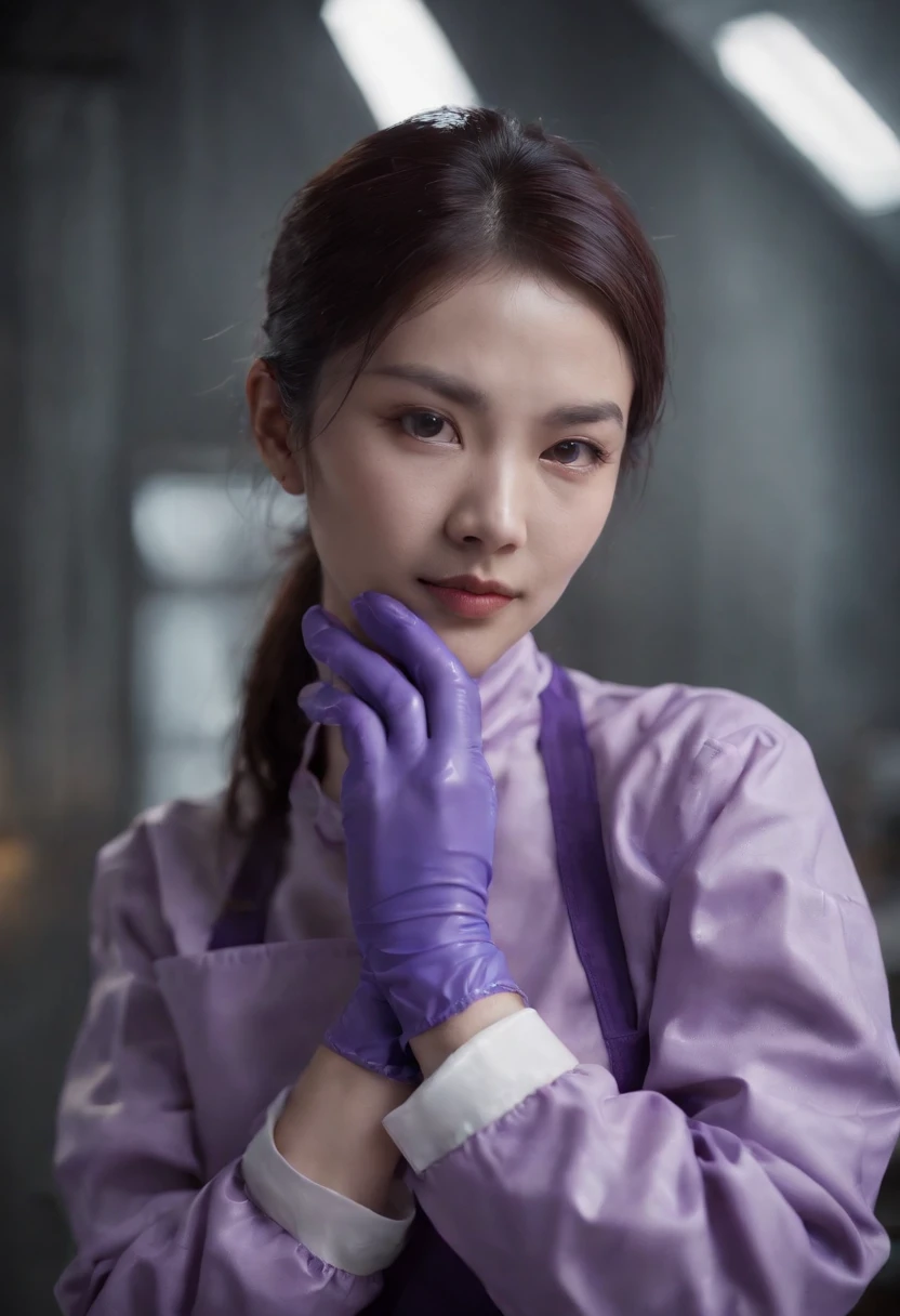Meilin from Advanced Metal Gear Research Institute. Highly realistic. rubber glove、Purple rubber gloves、Purple cooking gloves、Long gloves、Glossy gloves、Glossy apron、Wear a mask、Rubber Mask、