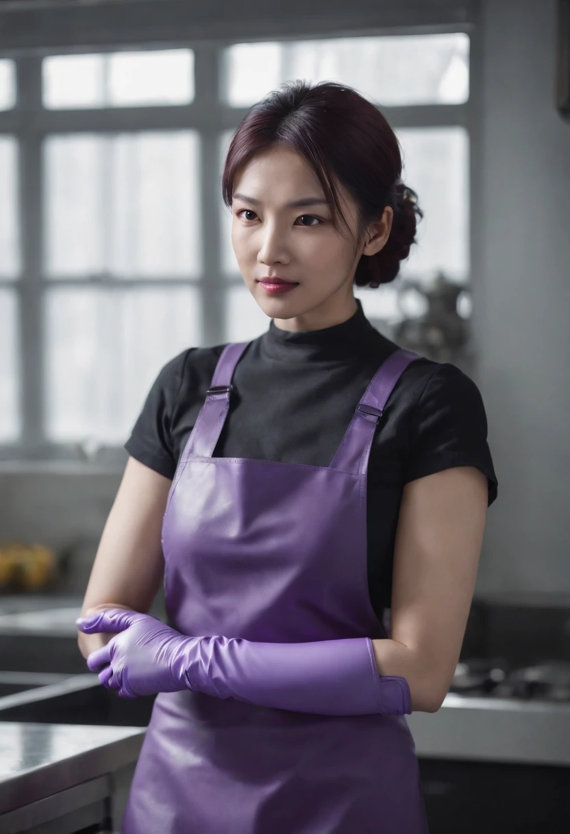 Meilin from Advanced Metal Gear Research Institute. Highly realistic. rubber glove、Purple rubber gloves、Purple cooking gloves、Long gloves、Glossy gloves、Glossy apron、Wear a mask、Rubber Mask、