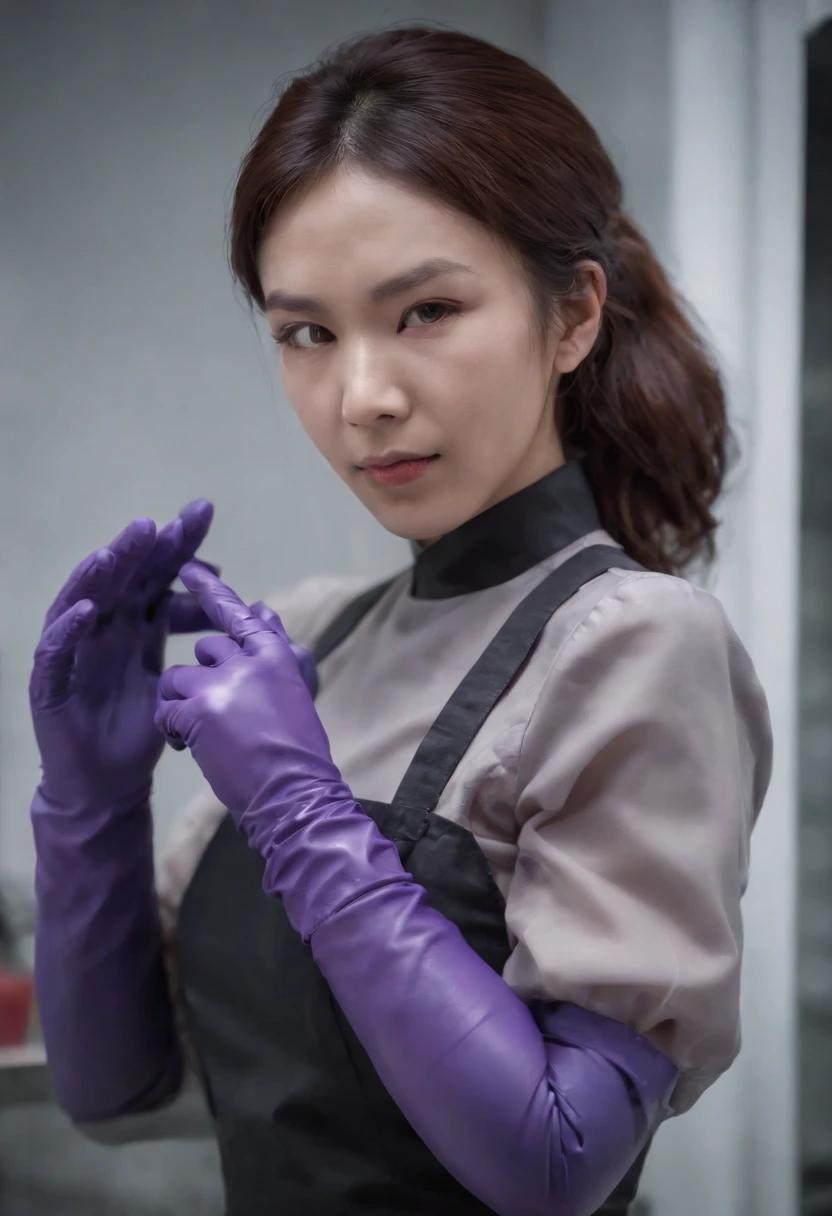 Meilin from Advanced Metal Gear Research Institute. Highly realistic. rubber glove、Purple rubber gloves、Purple cooking gloves、Long gloves、Glossy gloves、Glossy apron、Wear a mask、Rubber Mask、