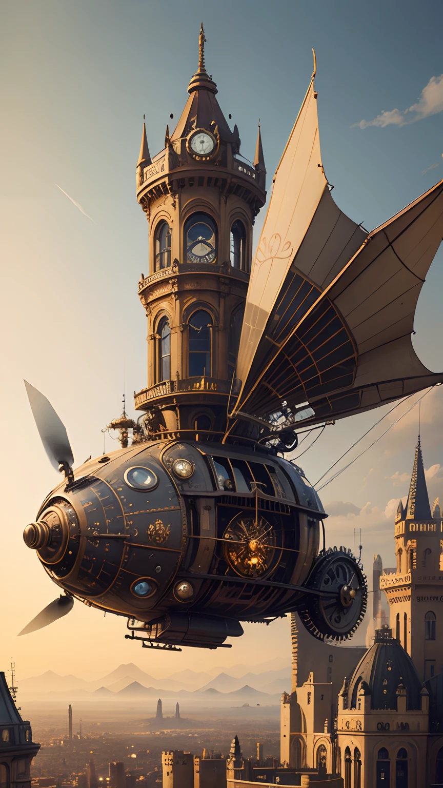 SteamPunkAI, Cogpunk helicopter, city castle, steampunk