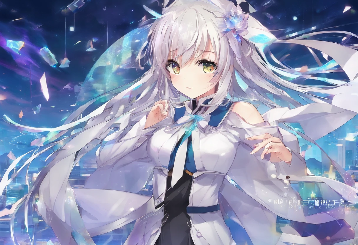 Anime game Chorus of the Prisms - Medium hair, white-blonde hair, light gray eyes, white pupils, white jacket, white cape with light purple lines, long light purple skirt with the inscription "White May Rain Girl - Zero Zero", light purple tie, turquoise collar, golden emblem of the "Samidare" on the cape and skirt, background of the ruins of one of the land cities, it's raining, AI android girl