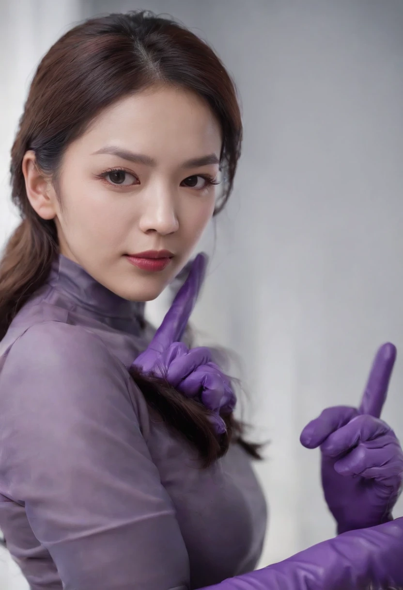 Meilin from Advanced Metal Gear Research Institute. Highly realistic. rubber glove、Purple rubber gloves、Purple cooking gloves、Long gloves、Glossy gloves、Glossy apron、Wear a mask、Rubber Mask、