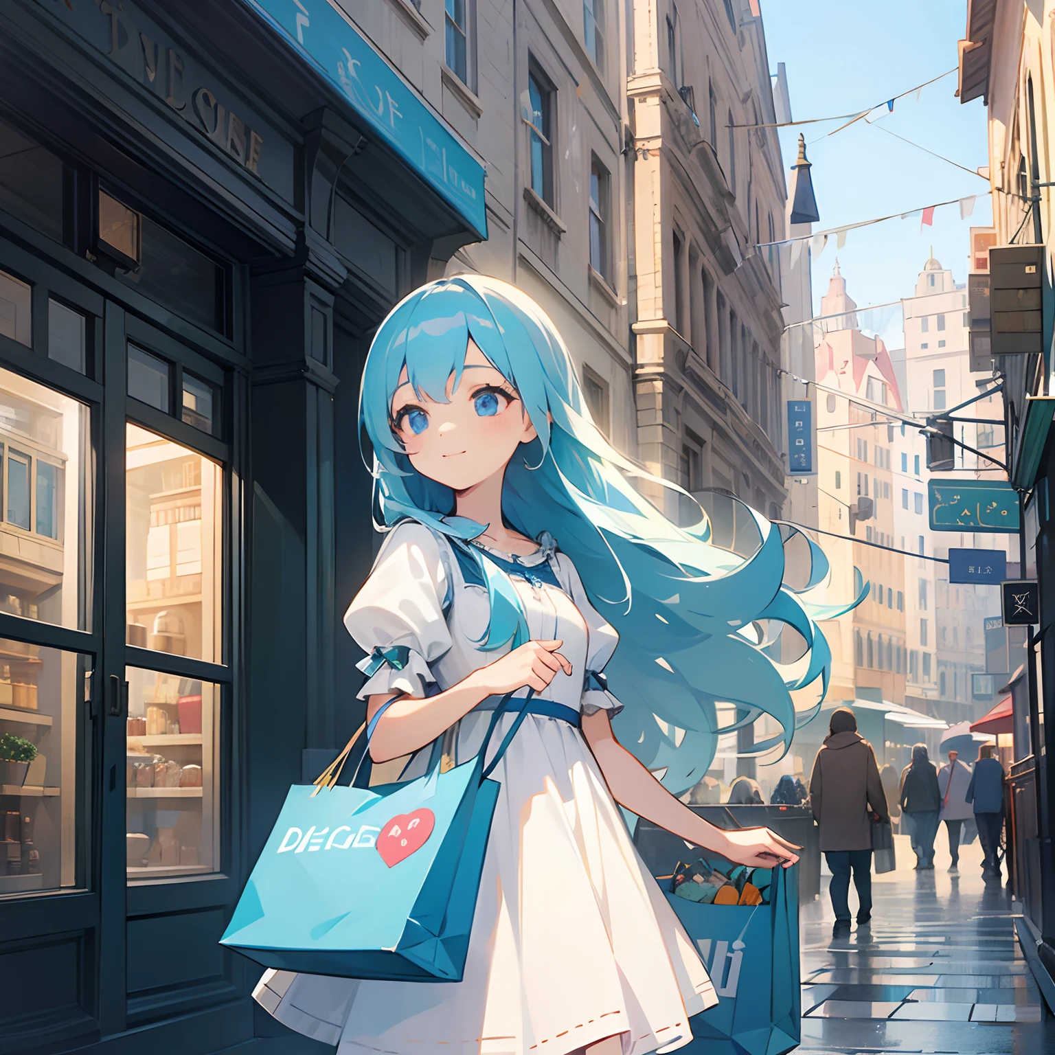 Beautiful illustration、top-quality、girl with、lightblue hair、length hair、A slight smil、Delicat eyes、shopping、Downtown、European-style building