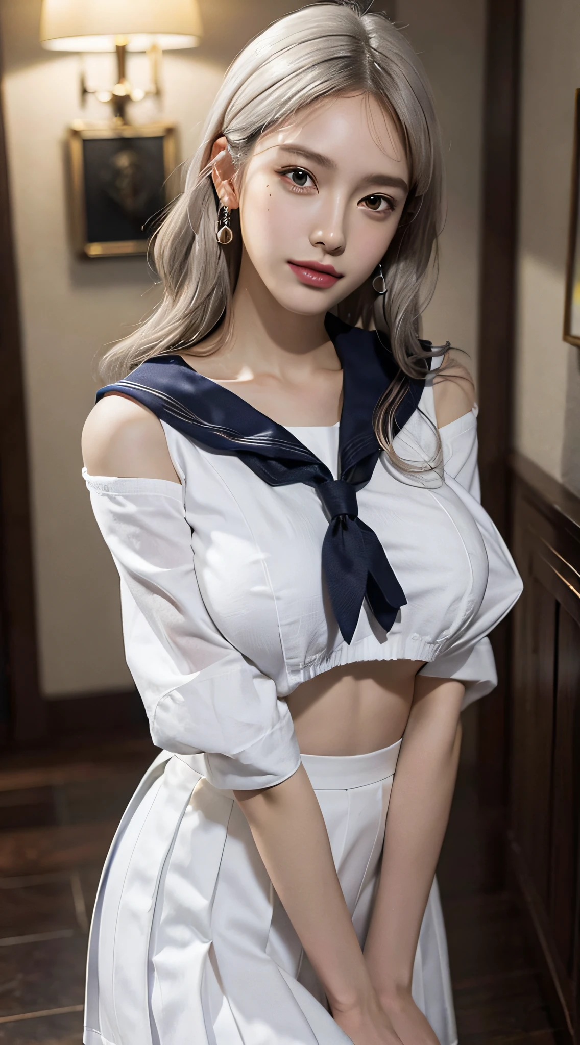 (very huge round breasts:1.5), (full body:1.3), (white bronze hair:1.3), (sailor uniform:1.5), extremely delicate and beautiful, masterpiece, Best Quality, ultra high resolution, 16k, hyperrealistic, ultra-detailed, Very detailed CG 8k wallpaper, Beautiful Lighting, Perfect Lightning, Realistic Shadows, anatomically correct, super Detailed shiny skin, perfect figure, Latino, late 20s, Slim body, Slim abdomen, very small head, handsome detailed woman, very detailed eyes and face, realistic face proportions, Stunning detailed eyes, Realistic beautiful face, very small face, Realistic small beautiful eyes, double eyelids, makeup, tearful mole, mole on chest, earring, short wavy hair, cleavage, bare legs, Soft midriff, Fine Collarbone, beautiful and very thin legs, beautiful and very thin thighs, off-shoulder,