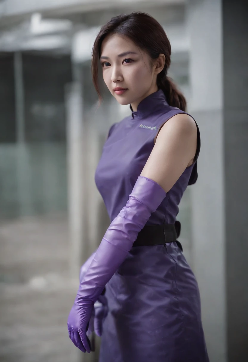 Meilin from Advanced Metal Gear Research Institute. Highly realistic. rubber glove、Purple rubber gloves、Purple cooking gloves、Long gloves、Glossy gloves、Glossy apron、Wear a mask、Rubber Mask、