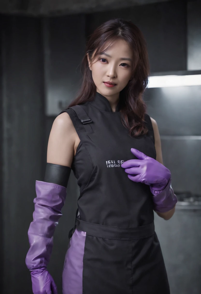 Meilin from Advanced Metal Gear Research Institute. Highly realistic. rubber glove、Purple rubber gloves、Purple cooking gloves、Long gloves、Glossy gloves、Glossy apron、Wear a mask、Rubber Mask、