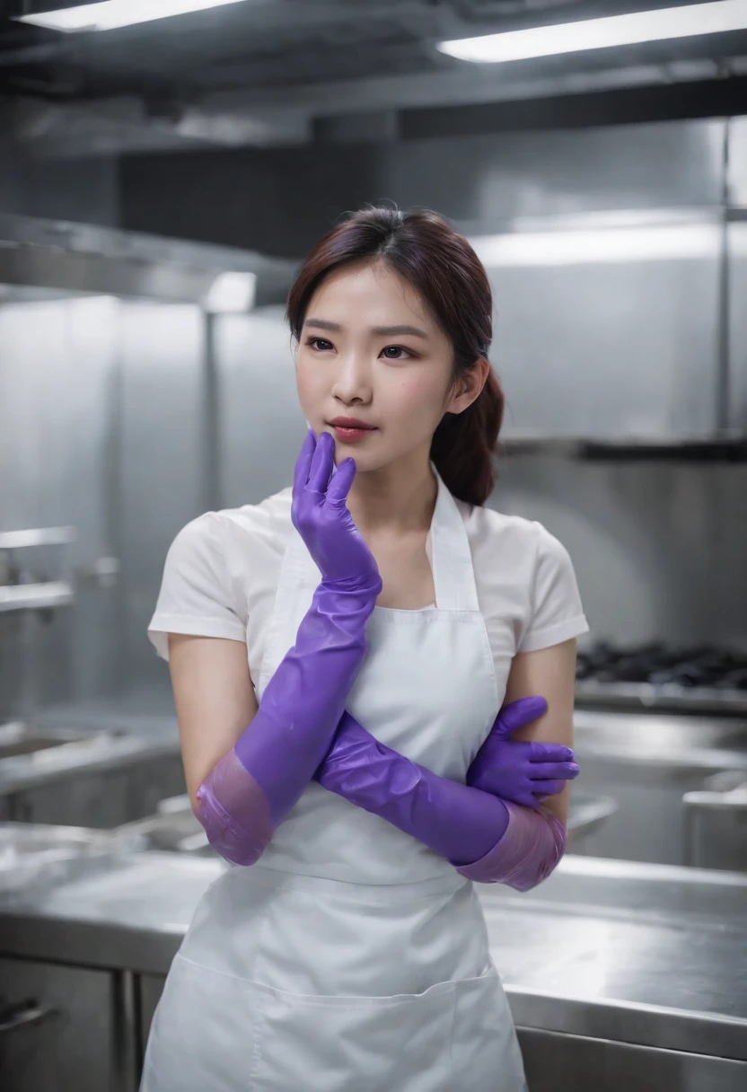 Meilin from Advanced Metal Gear Research Institute. Highly realistic. rubber glove、Purple rubber gloves、Purple cooking gloves、Long gloves、Glossy gloves、Glossy apron、Gripping the、Getting wet with white liquid、cum shots、Wear a mask、Rubber Mask、