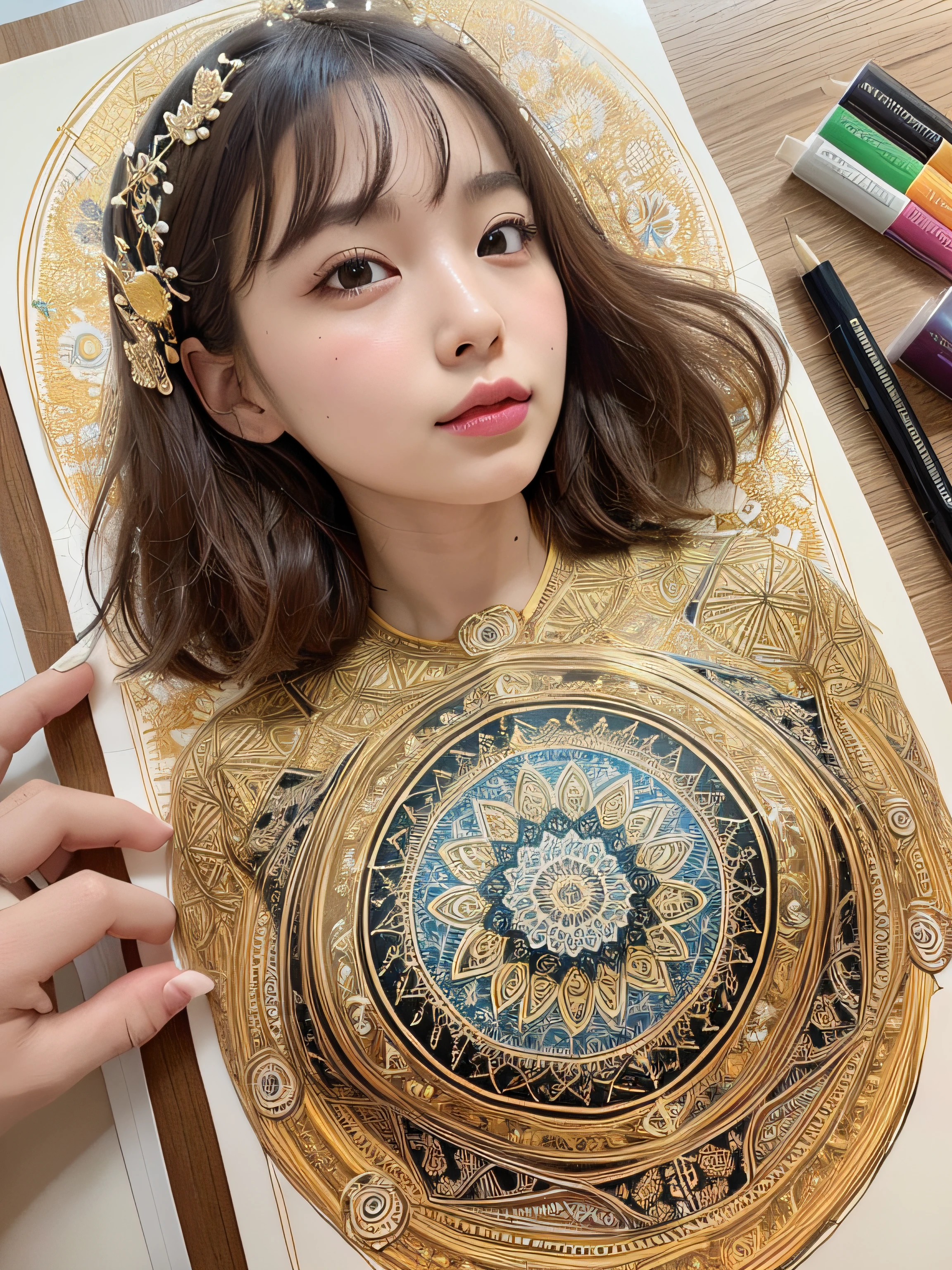PerfectNwsjMajic,(masutepiece, of the highest quality, Best Quality, Official art, Beautiful and aesthetic:1.2), (1girl in), ighly detailed,Colorful,highest details, Official art, Unity 8k壁纸, ultra-detailliert, Beautiful and aesthetic, Beautiful, masutepiece, Best Quality, (Zentangle, mandalas, Tangle, Entangle) ,Holy Light,gold foil,Gold leaf art,glitter drawing,