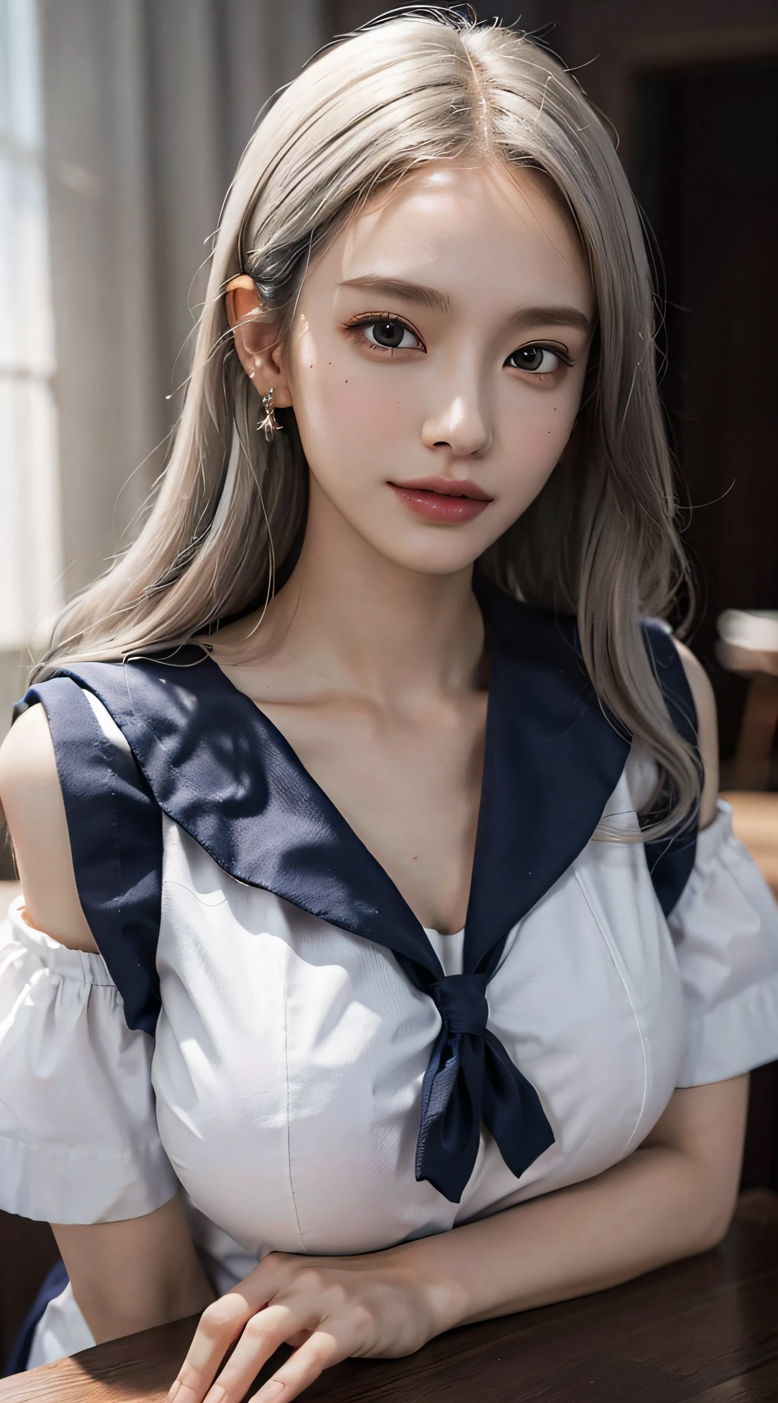 (very huge round breasts:1.5), (white bronze hair:1.3), (anatomically correct:1.3), (sailor uniform:1.5), extremely delicate and beautiful, masterpiece, Best Quality, ultra high resolution, 16k, hyperrealistic, ultra-detailed, Very detailed CG 8k wallpaper, Beautiful Lighting, Perfect Lightning, Realistic Shadows, super Detailed shiny skin, perfect figure, Latino, late 20s, Slim body, Slim abdomen, very small head, handsome detailed woman, very detailed eyes and face, realistic face proportions, Stunning detailed eyes, Realistic beautiful face, very small face, Realistic small beautiful eyes, double eyelids, makeup, tearful mole, mole on chest, earring, short wavy hair, cleavage, bare legs, Soft midriff, Fine Collarbone, beautiful and very thin legs, beautiful and very thin thighs, off-shoulder, lying on back