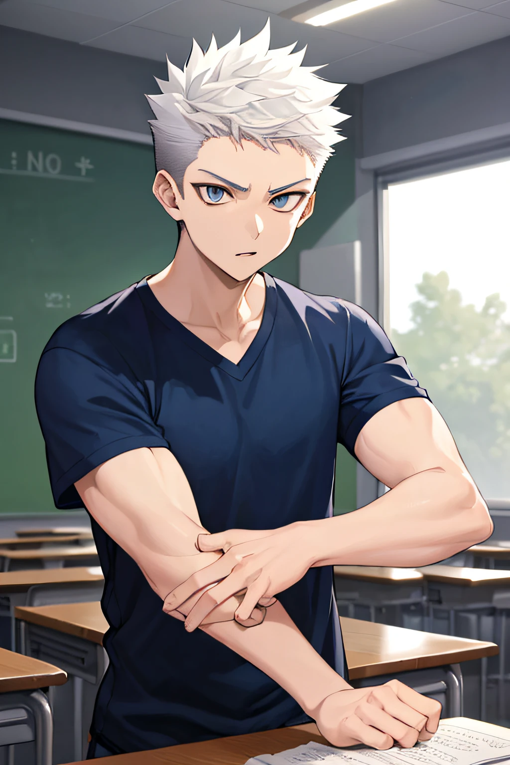 Teenage MAN, boy, (masterpiece, best quality), KujouCSA, break, 1boy, (Teenager), 15 years old, high school student, alone, sports uniform, dark blue and white V-neck t-shirt, toned pecs, muscular arms, bull neck, amber eyes, apathetic eyes, short spiked hair, white hair, expressionless, caucasian skin, aesthetics, rest, look at viewer, upper body photo, Boku no Hero classroom, rest, classroom classroom classroom classroom short spiked hair short spiked hair short spiked hair short spiked hair short spiked hair short spiked hair short spiked hair short spiked hair short spiked hair short spiked hair short spiked hair short spiked hair