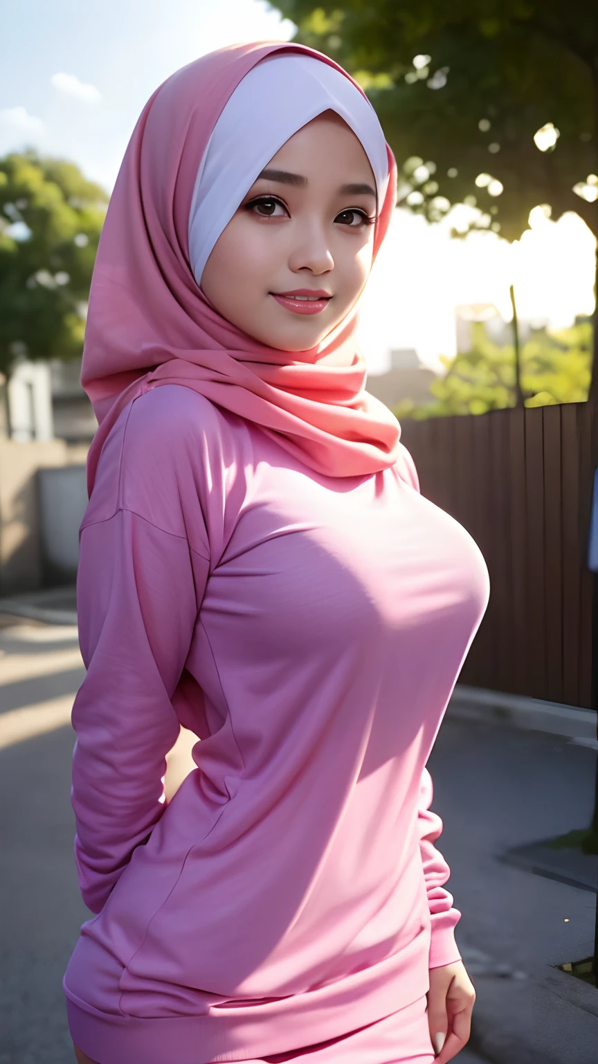 (night scene, close up photo of a sexy naked malay girl with hijab, posing, look at a camera and smile, pink pastel hijab, (green eyes:0.8), big tit, cute young face, 18 yo, soft volumetric lights, (backlit:1.3), (cinematic:1.3), intricate details, (ArtStation:1.2),Best quality, high resolution, masterpiece: 1.3), a beautiful malay woman in hijab, big breasts, slim figure, sweatshirt, beautifully presented details in the street and facial and skin texture, detailed eyes, double eyelids, big eyeschest visible, shirt open