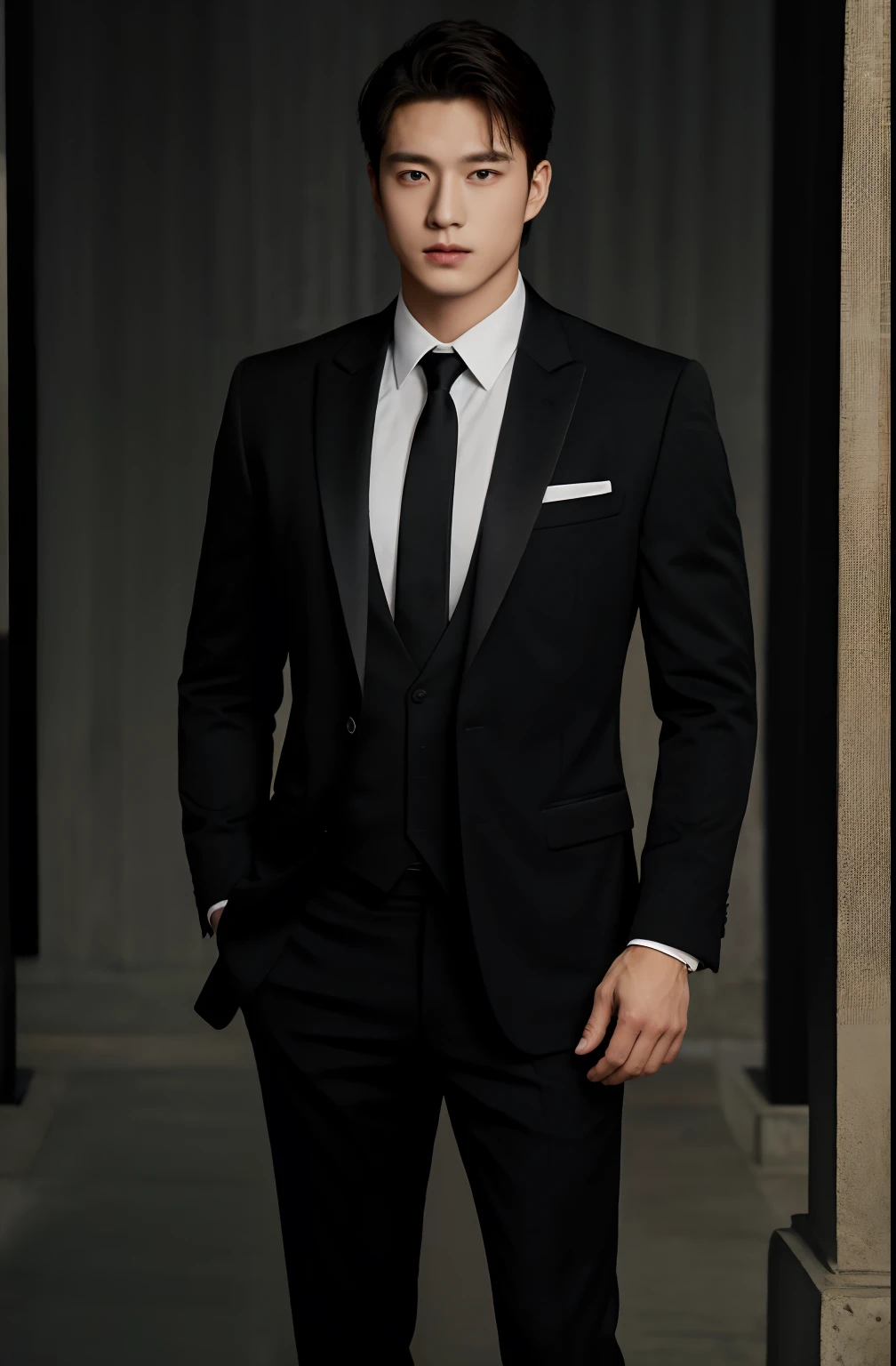 1man, a 25-year-old muscular man, wears a black suit, formal suit and black tie  soft lighting, masterpiece, best quality, 8k ultra high definition, Midjourney realisti, full body