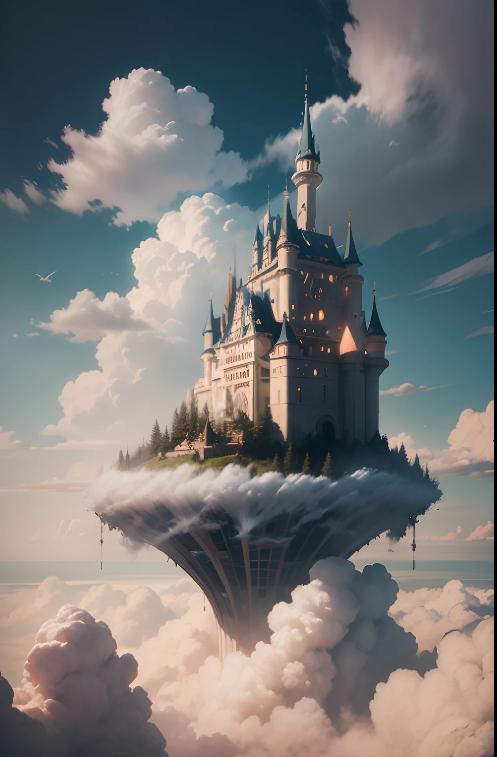 (((huge castle on top of zeppelin))), flying cloud castle, Floating city on the clouds, Castle in the clouds, Castle in the clouds, in the white clouds fairyland, palace floating in the sky, breathtaking fantasy art, in the white clouds fairyland, she is approaching heaven, digital art fantasy, Floating city in the sky, Surrealism, high detail, rococo style, chiaroscuro, cinematic lighting, sparkle, f/4.0, 85mm, Hasselblad, Sony FE GM, Surrealism, rococo style, chiaroscuro, cinematic lighting, god rays, wide shot, panorama, f/16, 135mm, Fujifilm, Hasselblad, Sony FE GM, UHD, retina, masterpiece, ccurate, anatomically correct, super detail, high details, high quality, highres, best quality, award winning, 8k, UHD, retina, masterpiece, ccurate, textured skin, anatomically correct, high quality, highres, best quality, high details, super detail, award winning, 8k