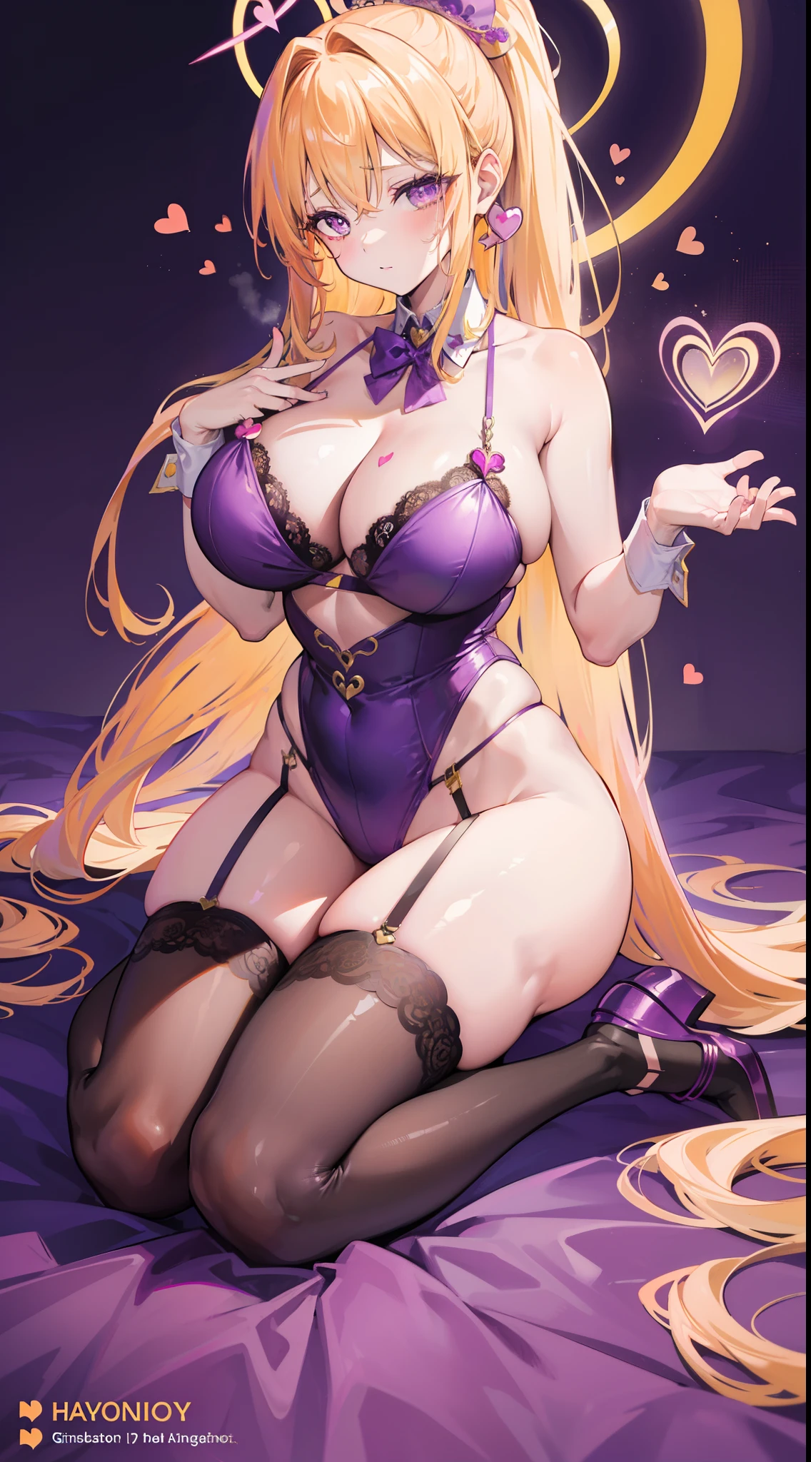 1个Giant Breast Girl,Golden hair,Purple clothes,double-ponytail,long whitr hair,messy hair,bunnygirl,climaxing,Official art full body photo,Heart-shaped halo,heart - shaped pupils,Slim figure,The chest is large,Lace,Erotic lingerie,Suspenders