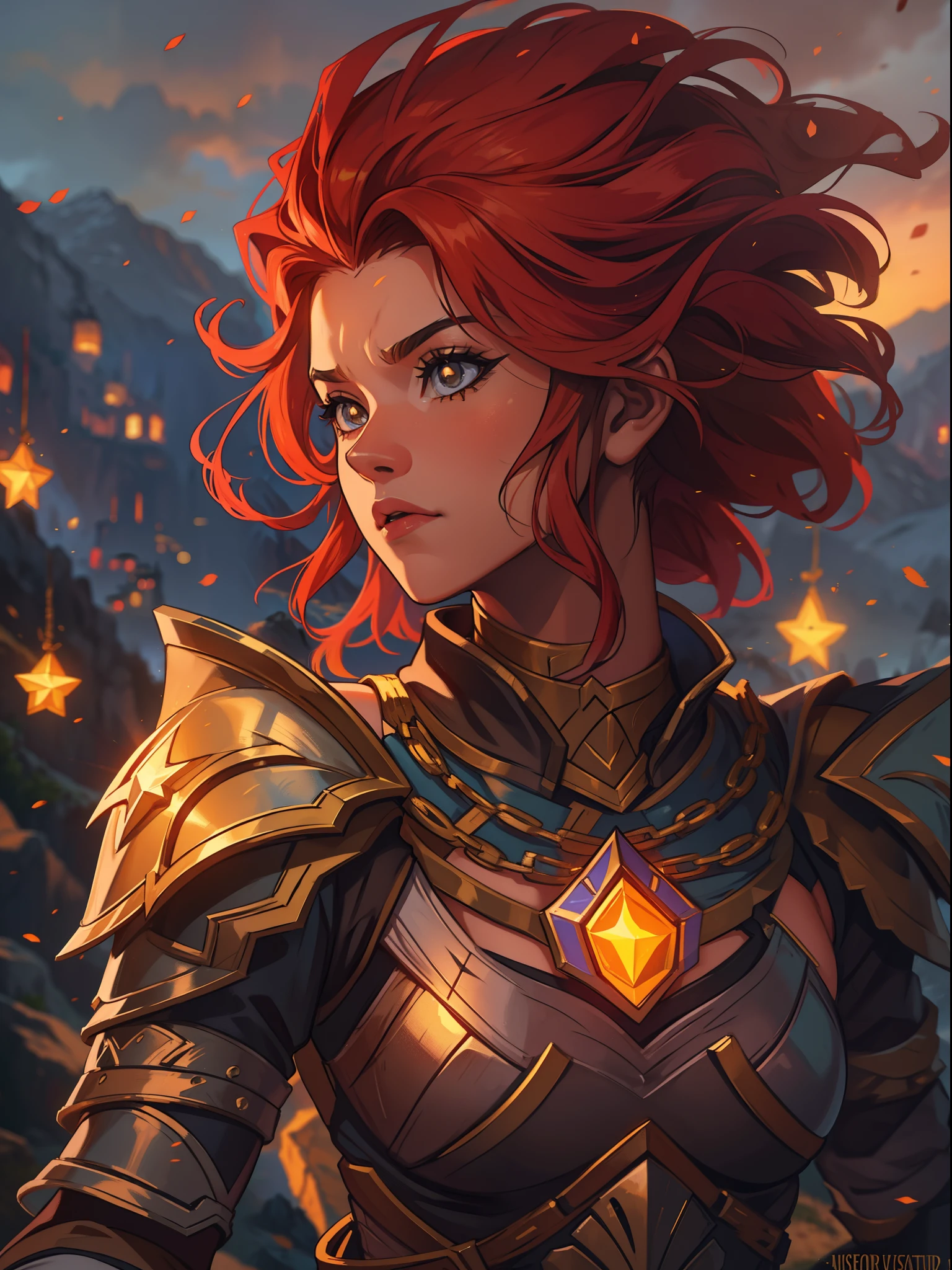 Uma jovem adolescente ruiva com cabelo laranja curto e olhos castanhos, Ela tem umas sardas e um olhar de coragem: she is a warrior wearing powerful magical armor for a medieval RPG., the background filled with magic and magical lights, contour lights and cinematic lights in a mountain fortress, inspirada na leona de league of legends, uma armadura poderosa e resistente a base de magia e um escudo gigante